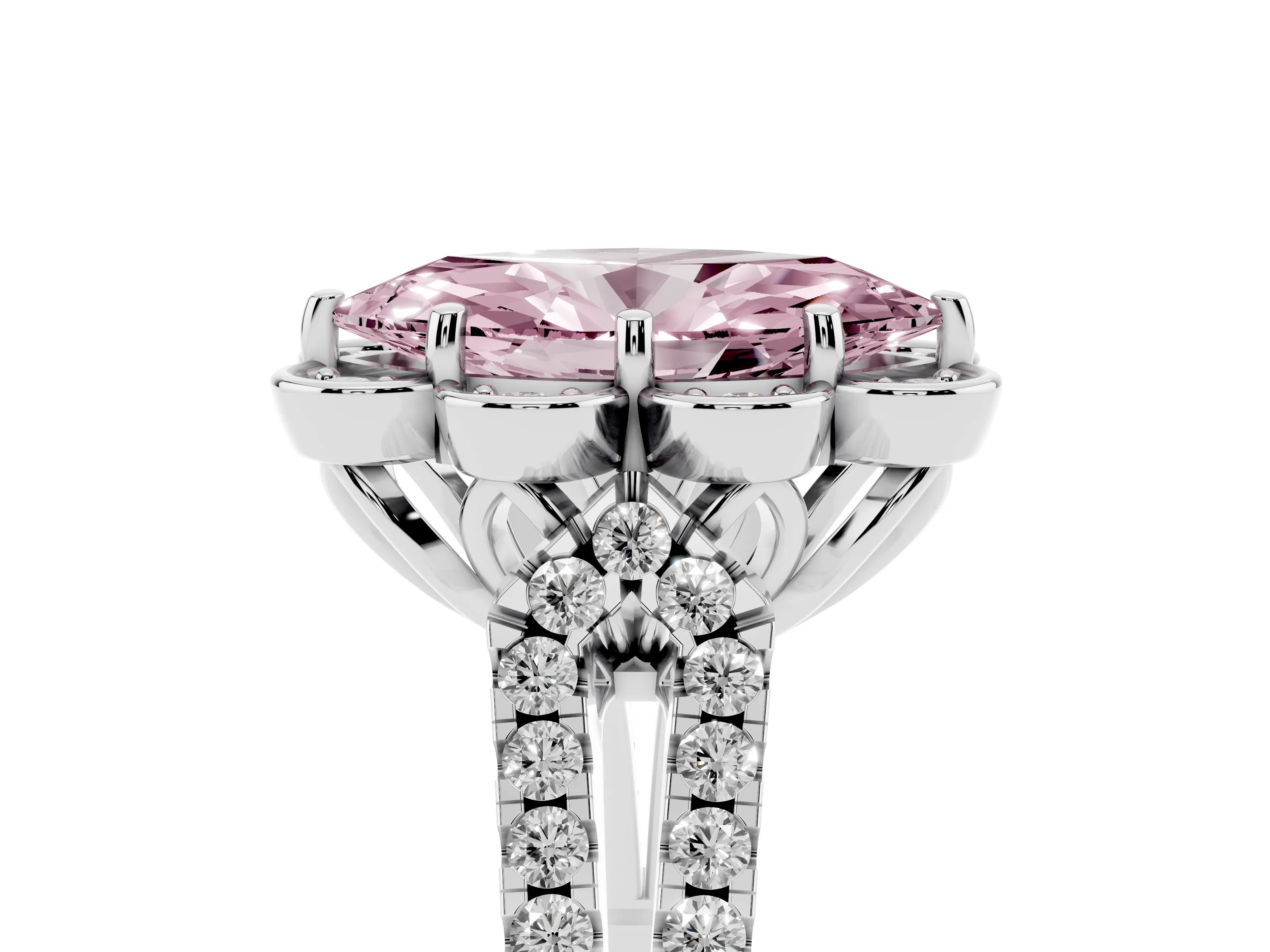Fancy Pink Marquise Cut Diamond Floral Halo Split Shank Engagement Ring Set in Platinum with Pavé Shank