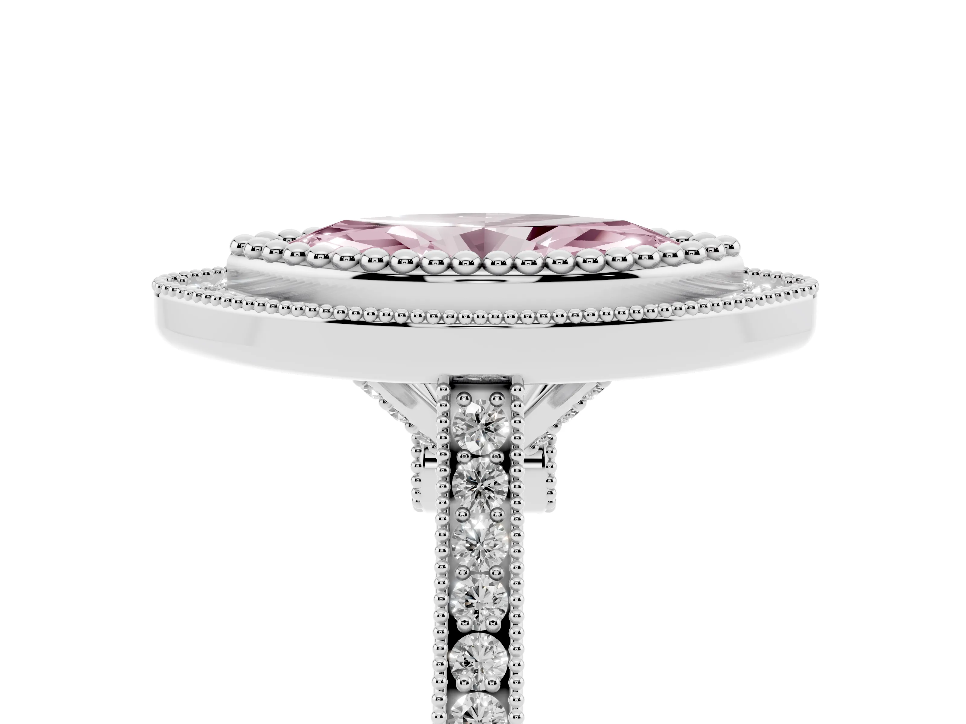 Fancy Pink Marquise Cut Diamond Halo Ring Set in White gold with Milgrain Frame and Pavé Band