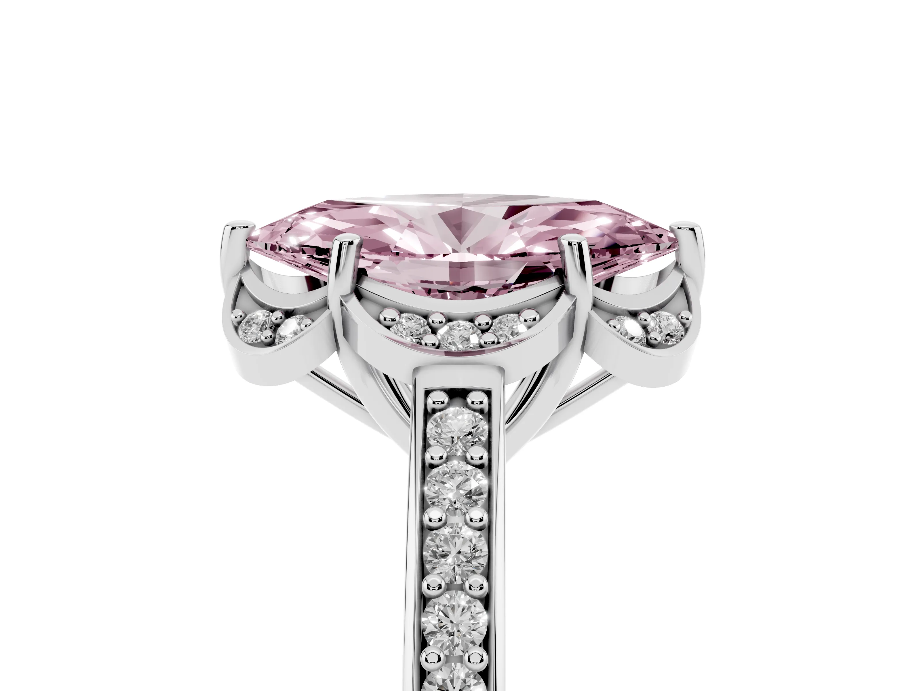 Fancy Pink Marquise Cut Diamond Halo Ring Set in White gold with Channel Set Band and Prong Setting