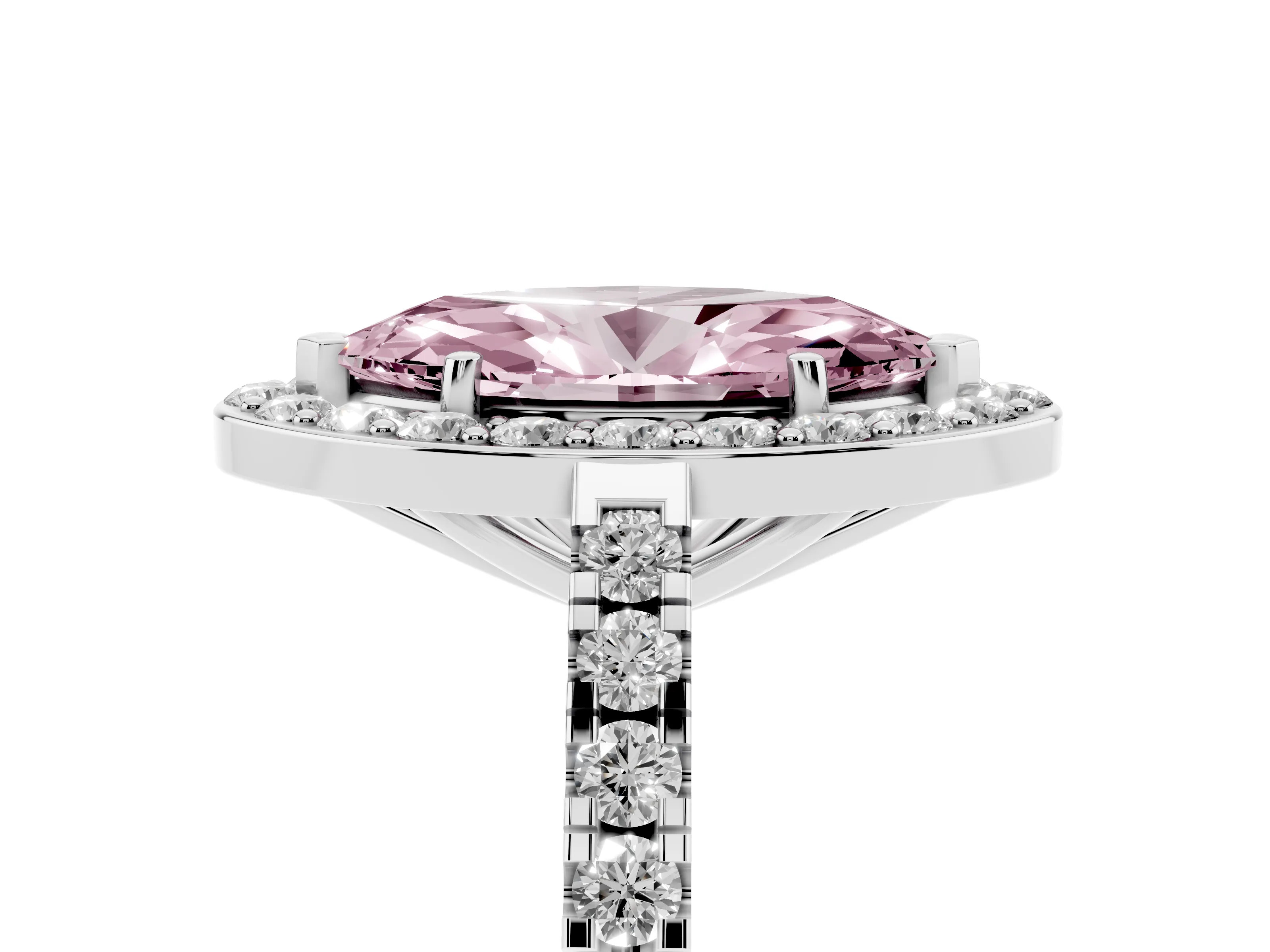 Fancy Pink Marquise Cut Diamond Halo Ring Set in Silver with Round Pavé Split Shank and Prong Setting