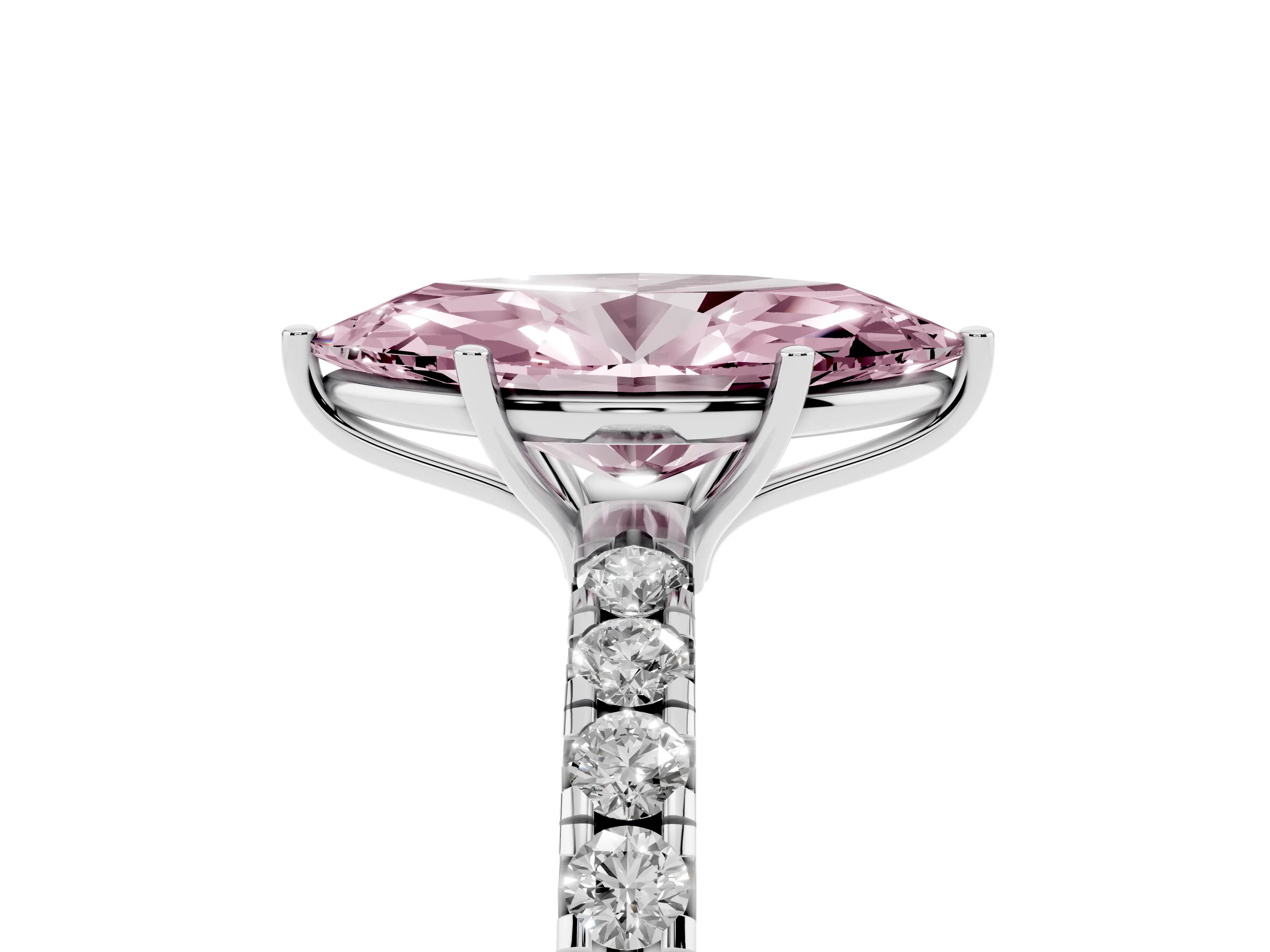 Fancy Pink Marquise Cut Diamond Pavé Solitaire Engagement Ring Set in Platinum with Prong Setting
