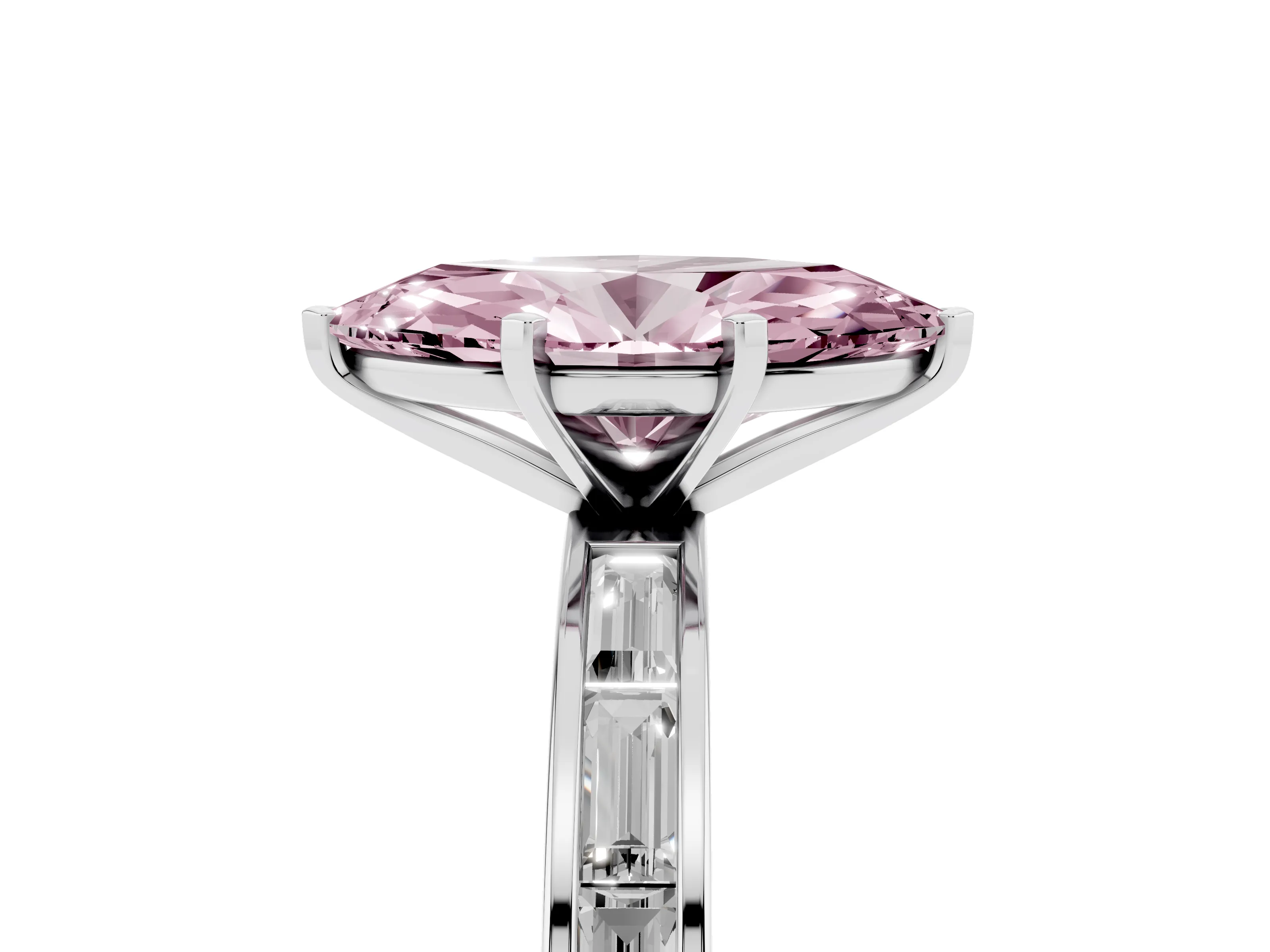 Fancy Pink Marquise Cut Diamond Solitaire Ring Set in White gold with Channel-Set Baguette Band and Prong Setting