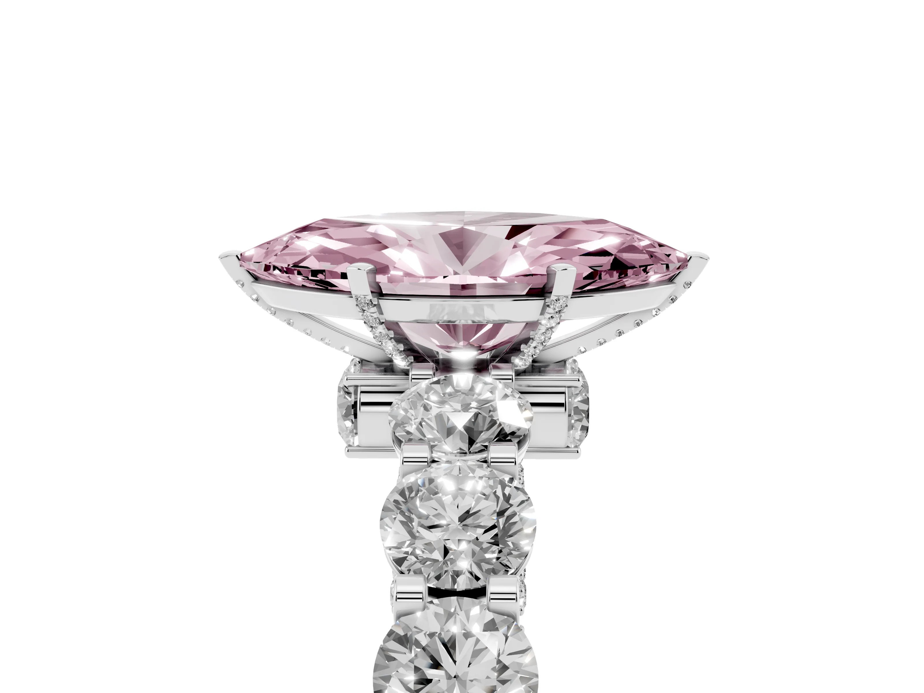 Fancy Pink Marquise Cut Diamond Side Stone Ring Set in Silver with Alternating Round and Oval Side Stones