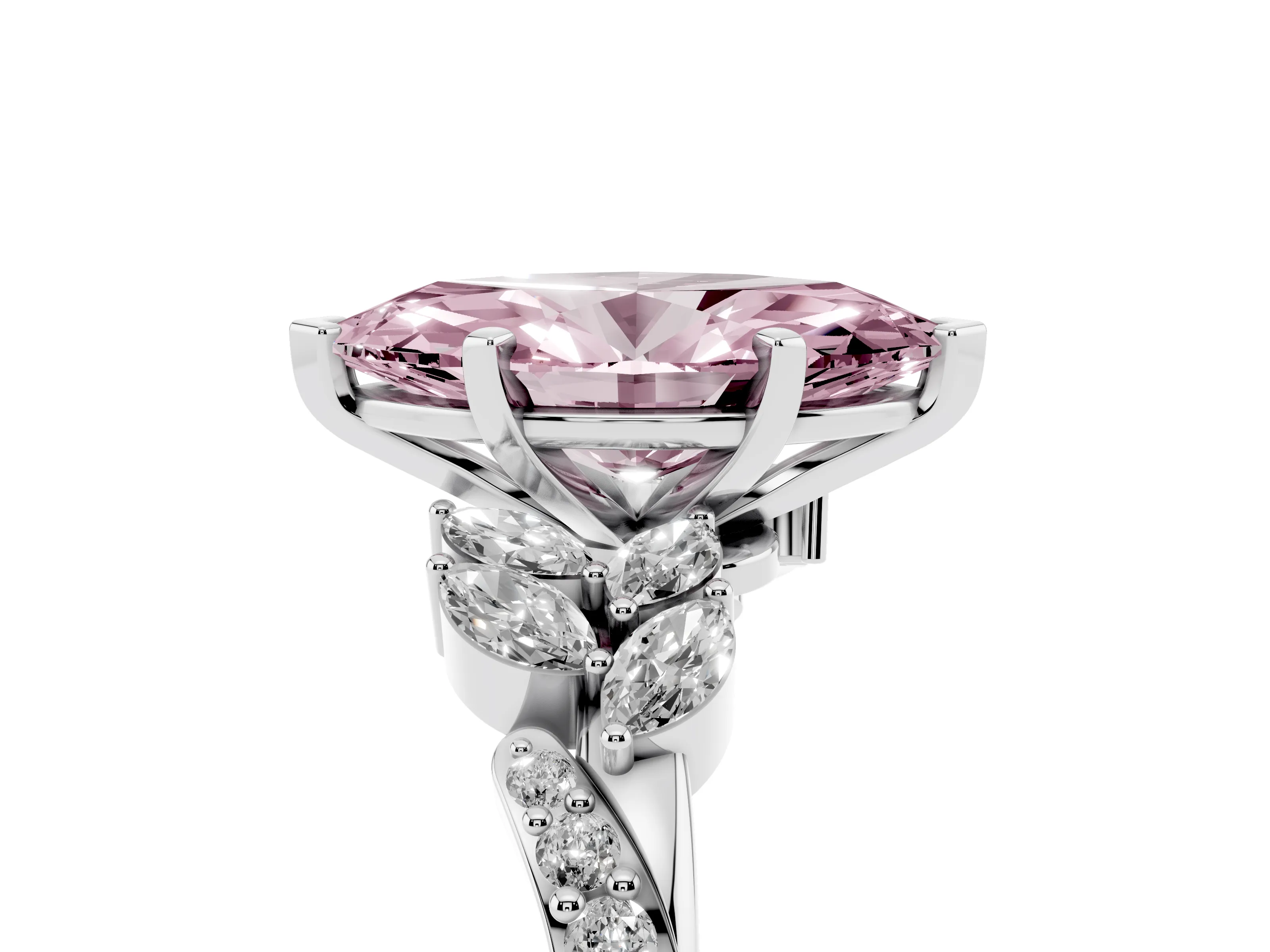Fancy Pink Marquise Cut Diamond Solitaire Ring Set in White gold with Marquise Twist Band and Prong Setting