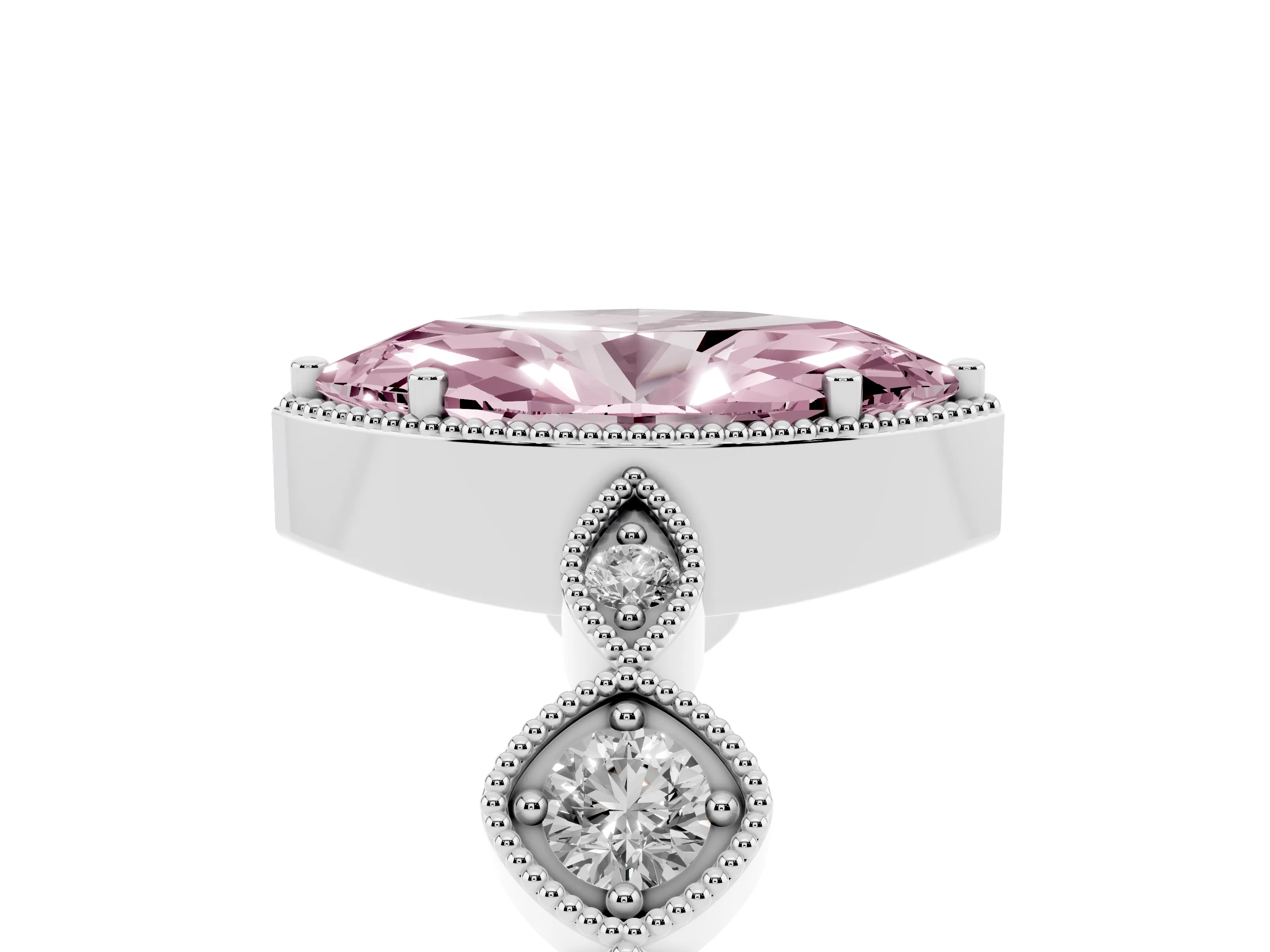 Fancy Pink Marquise Cut Diamond Vintage-Inspired Milgrain Ring Set in White gold with Marquise Stations of Round Accents