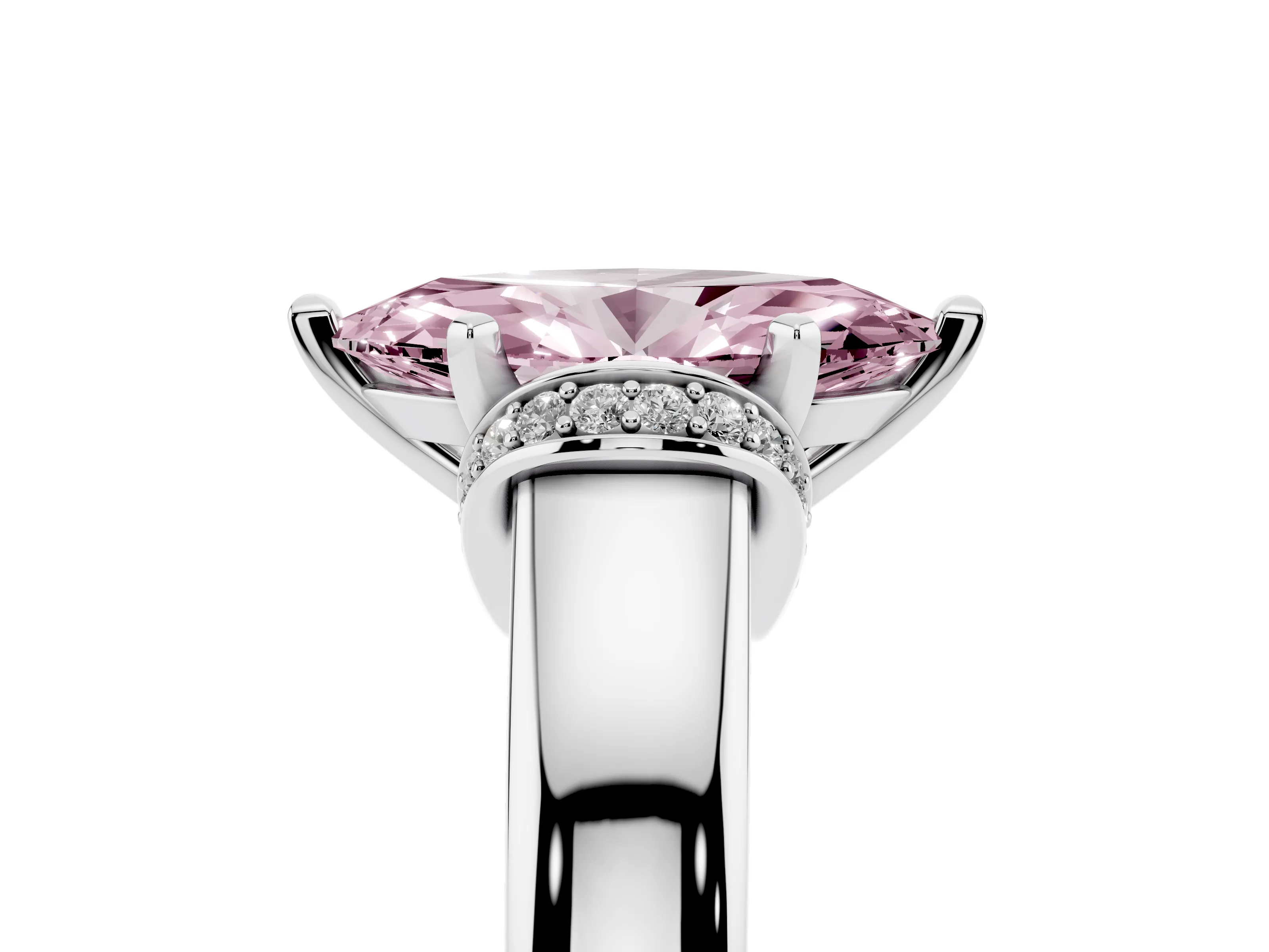 Fancy Pink Marquise Cut Diamond Pavé Band Solitaire Ring Set in Platinum with Prong Setting