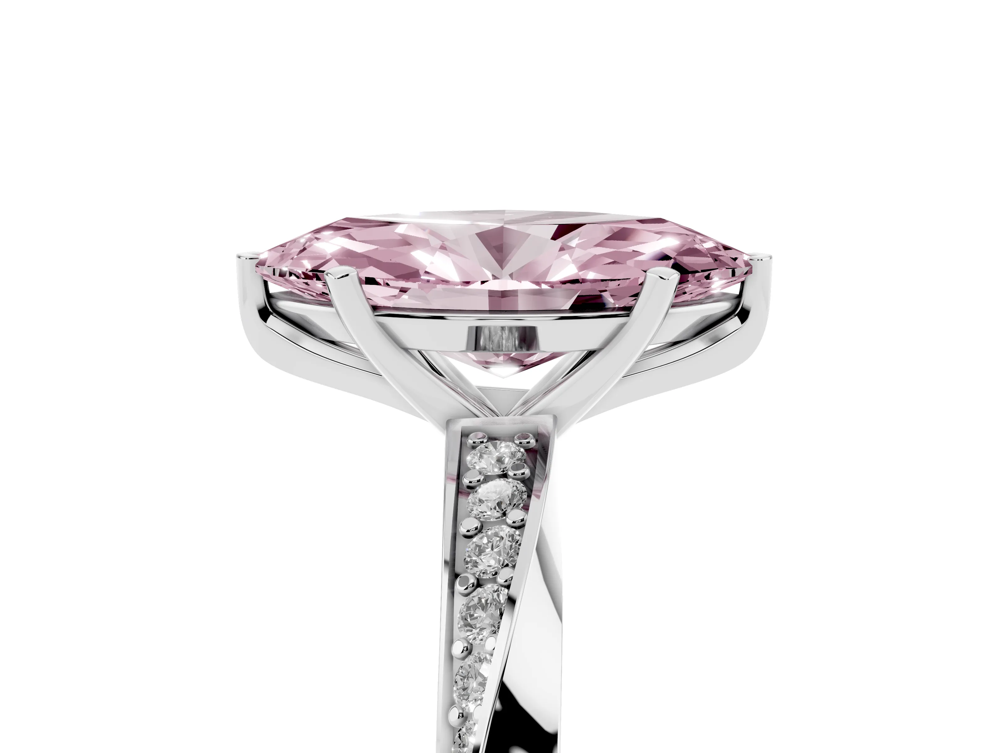 Fancy Pink Marquise Cut Diamond Engagement Ring Set in Silver with Side Stone Accents and Prong Setting
