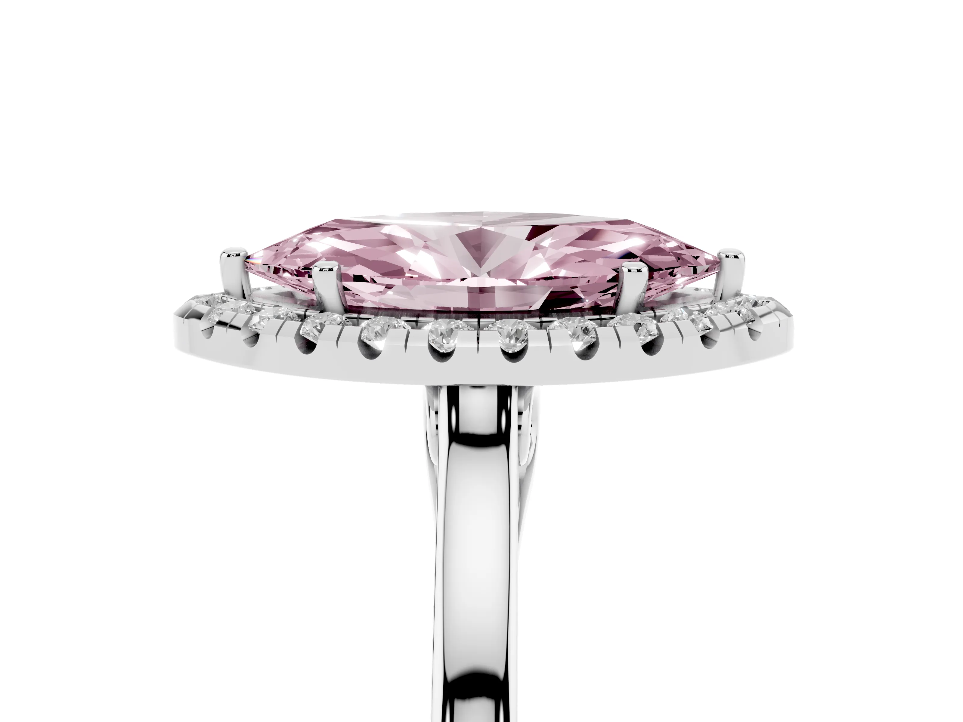 Fancy Pink Marquise Cut Halo Round Diamond Solitaire Ring Set in Platinum with Pavé Band and Prong Setting