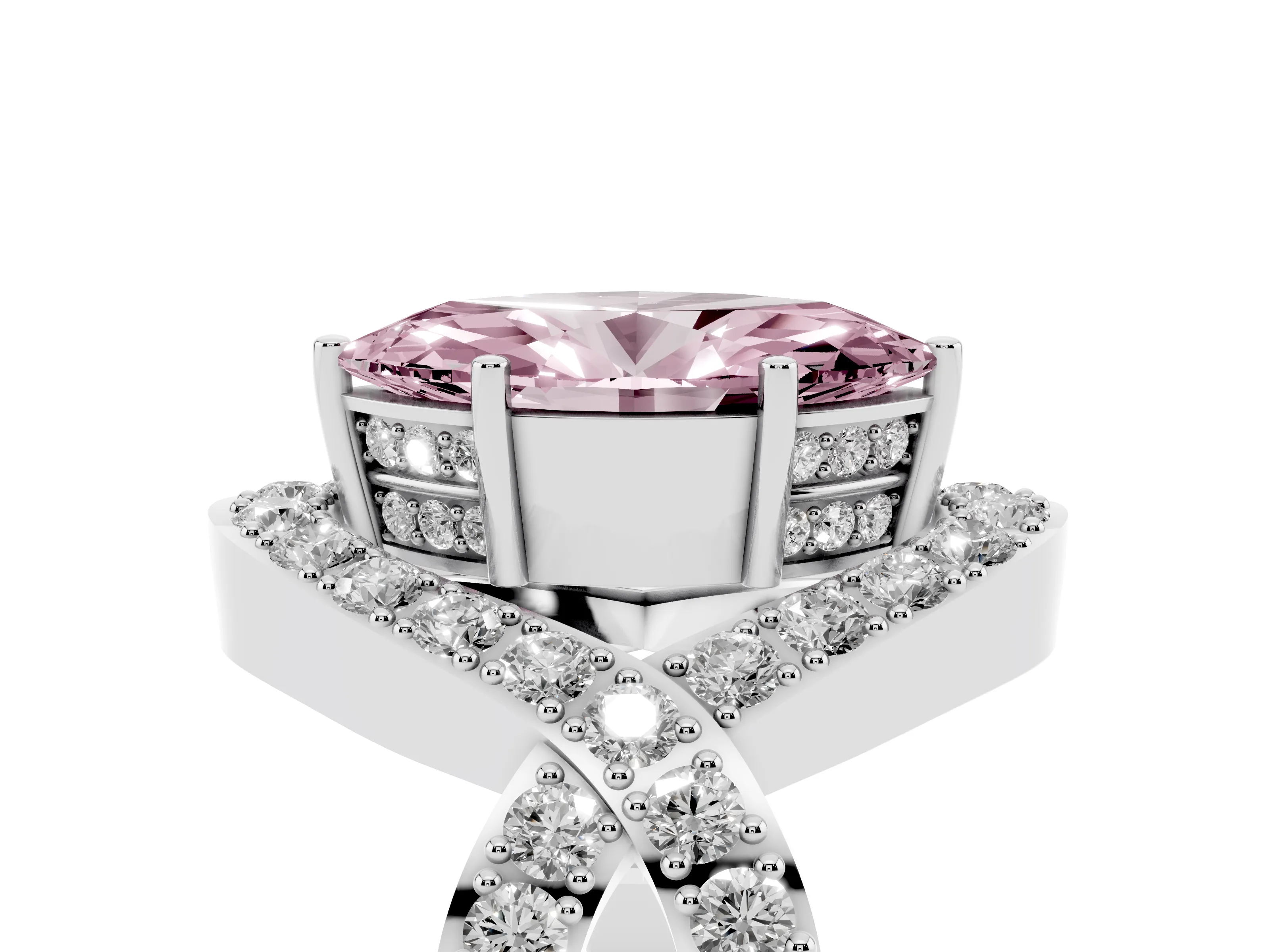 Fancy Pink Marquise Cut Diamond Solitaire Twist Band Pavé Engagement Ring Set in Platinum