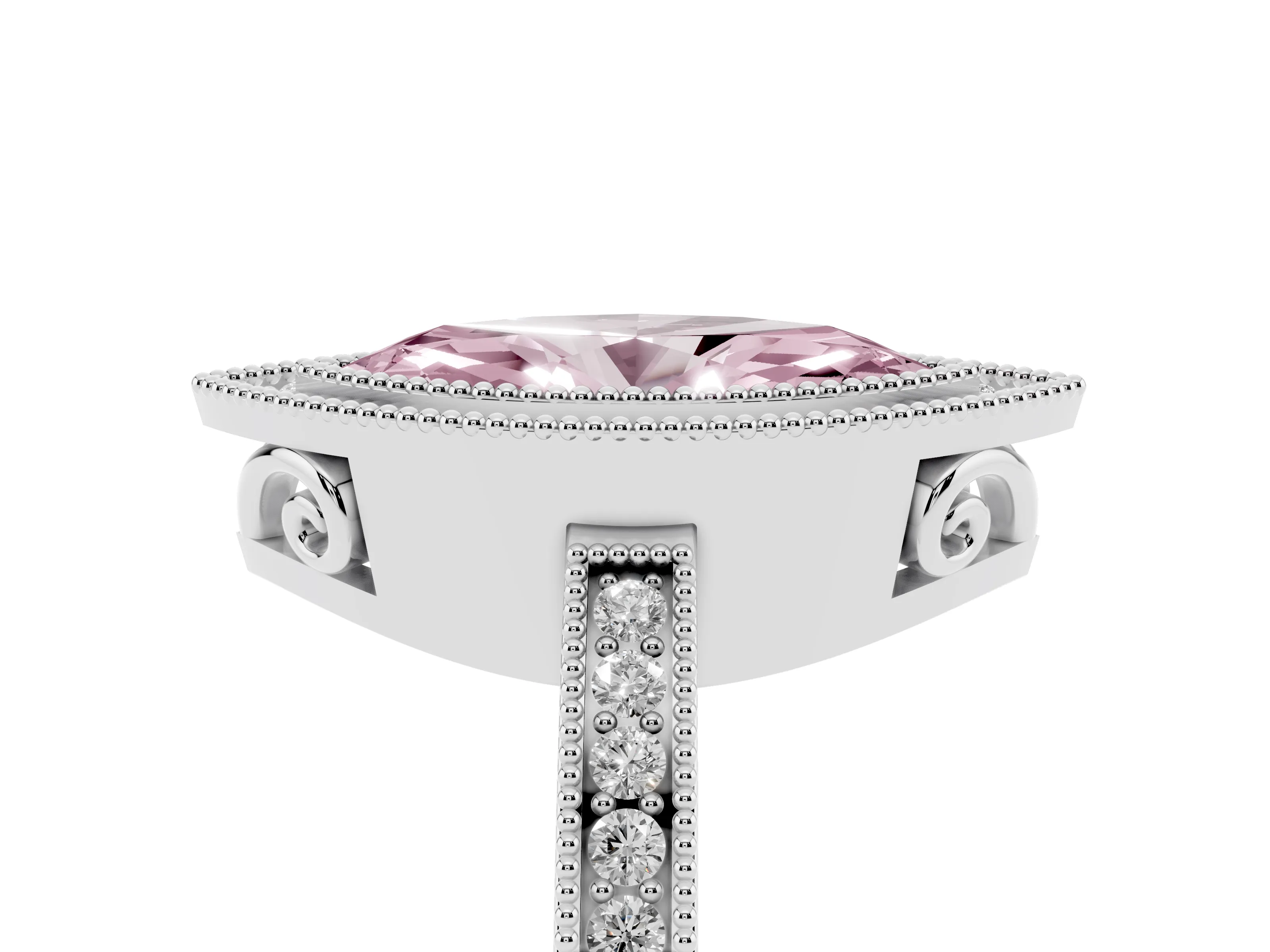 Fancy Pink Marquise Cut Diamond Halo Ring Set in White gold with Pavé Band and Milgrain-Edged Prongs