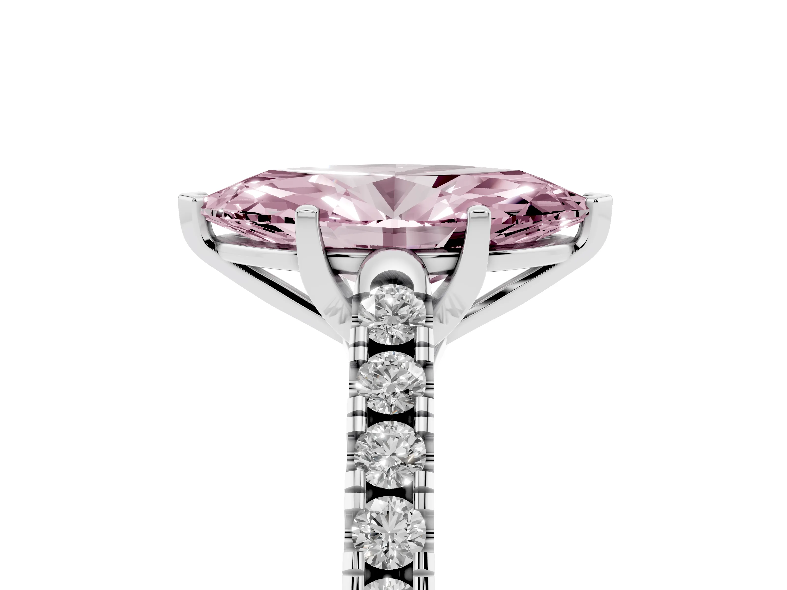Fancy Pink Marquise Cut Diamond Pavé Band Solitaire Ring Set in White gold with Partway Accent Stones and Prong Setting