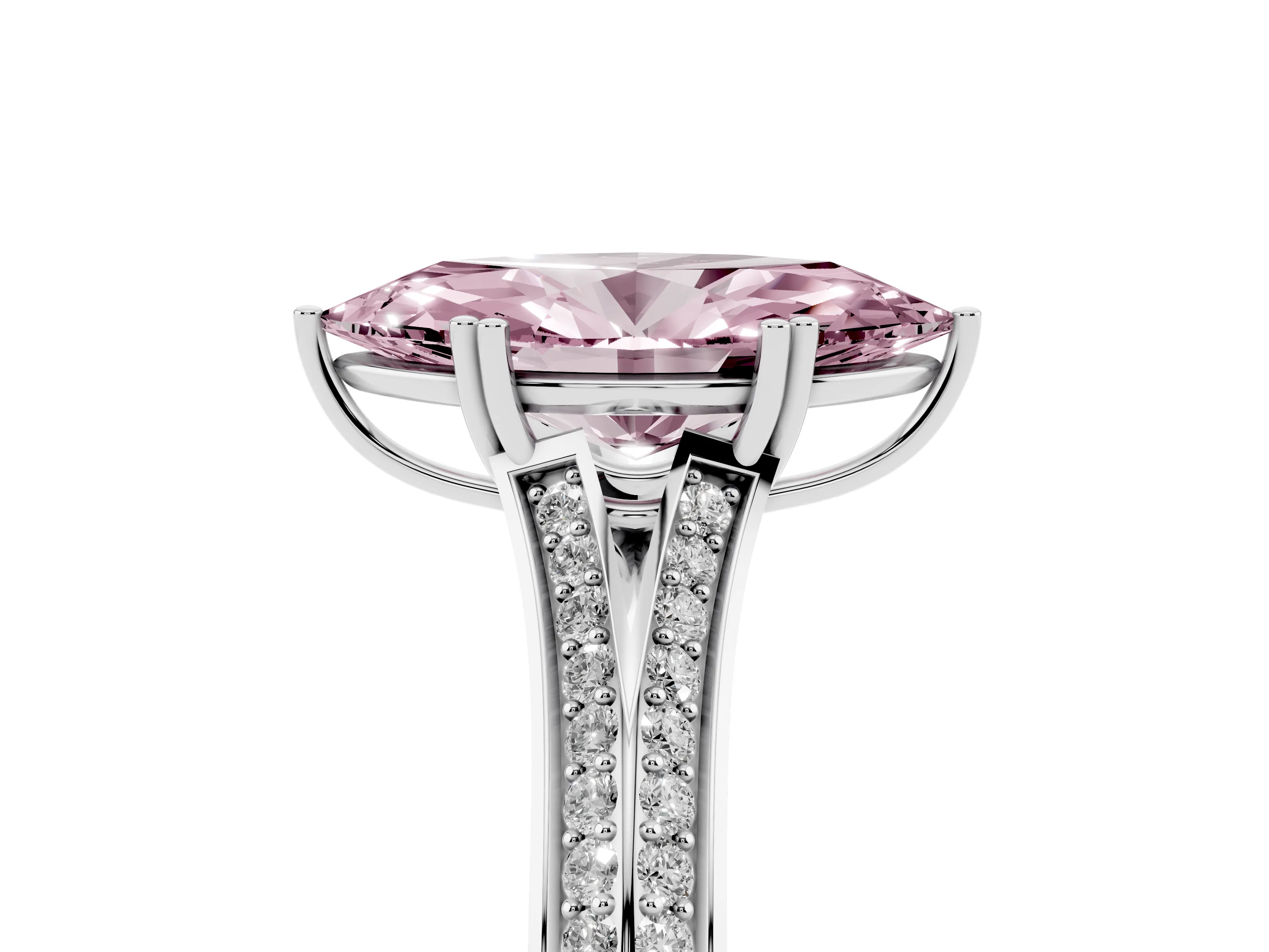 Fancy Pink Marquise Cut Diamond Split Shank Pavé Engagement Ring Set in White gold with Prong-Set Center Stone