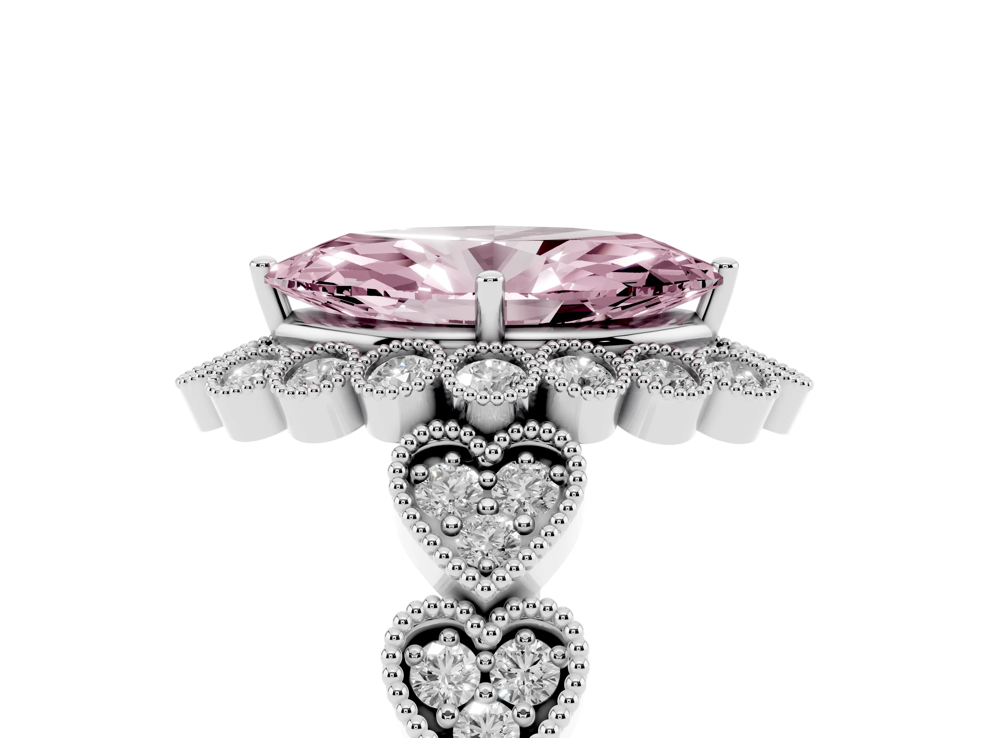 Fancy Pink Marquise Cut Diamond Solitaire Ring Set in Platinum with Milgrain Pavé Heart Band