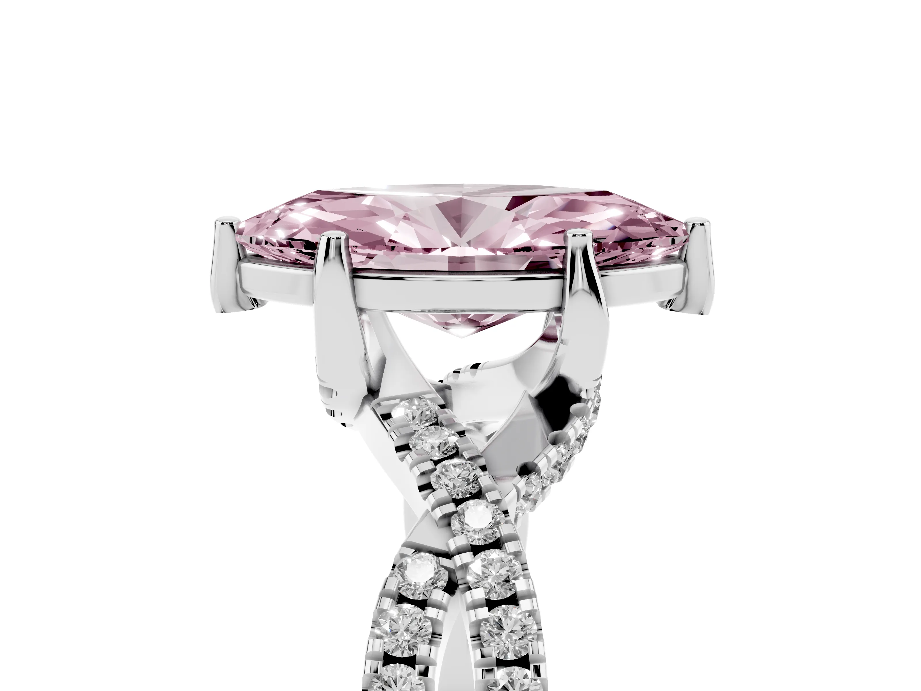 Fancy Pink Marquise Cut Diamond Twist Pavé Solitaire Engagement Ring Set in White gold with Prong Setting