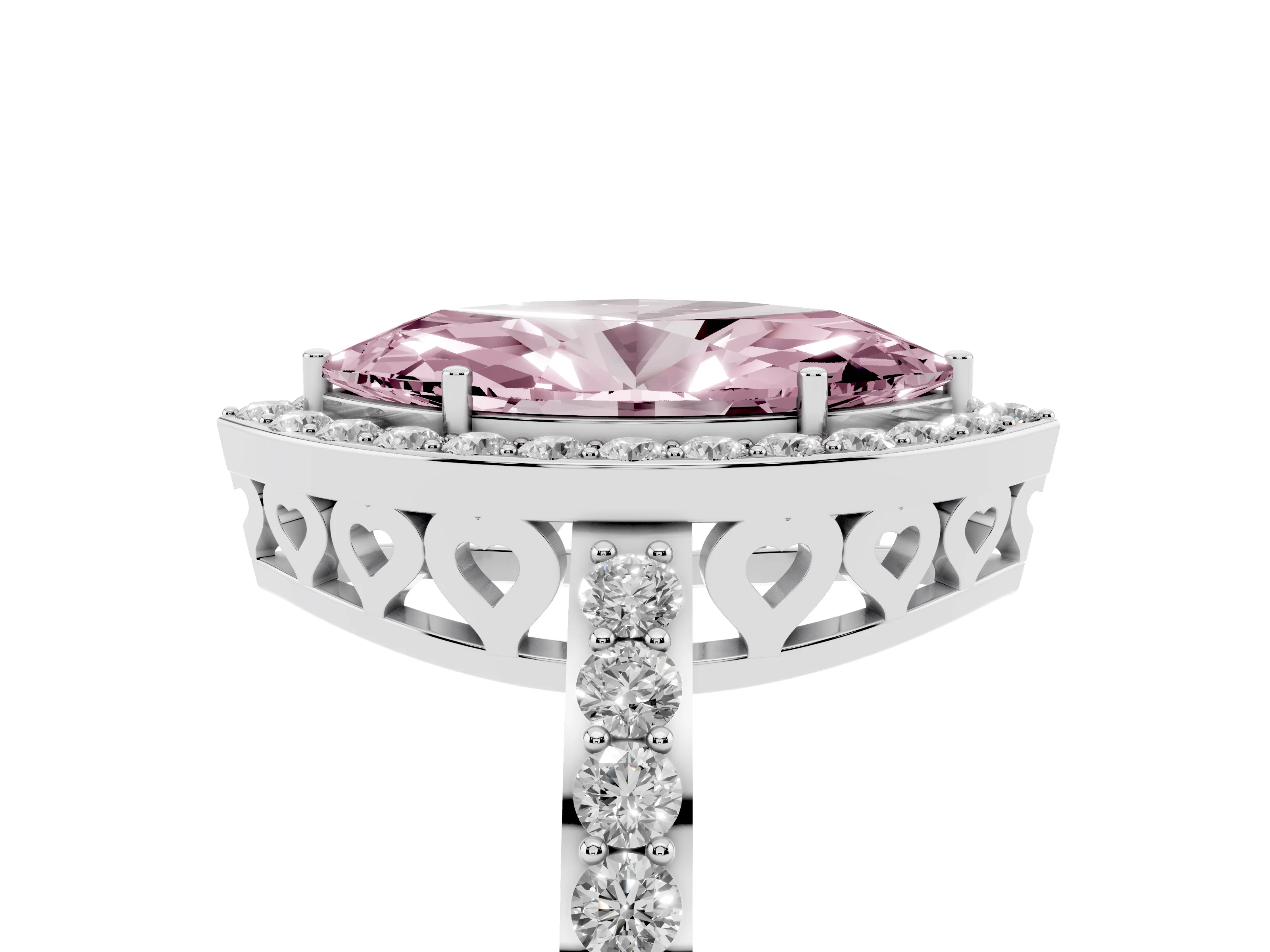 Fancy Pink Marquise Cut Diamond Halo Ring Set in White gold with Pavé-Setting Band and Open Prong Center