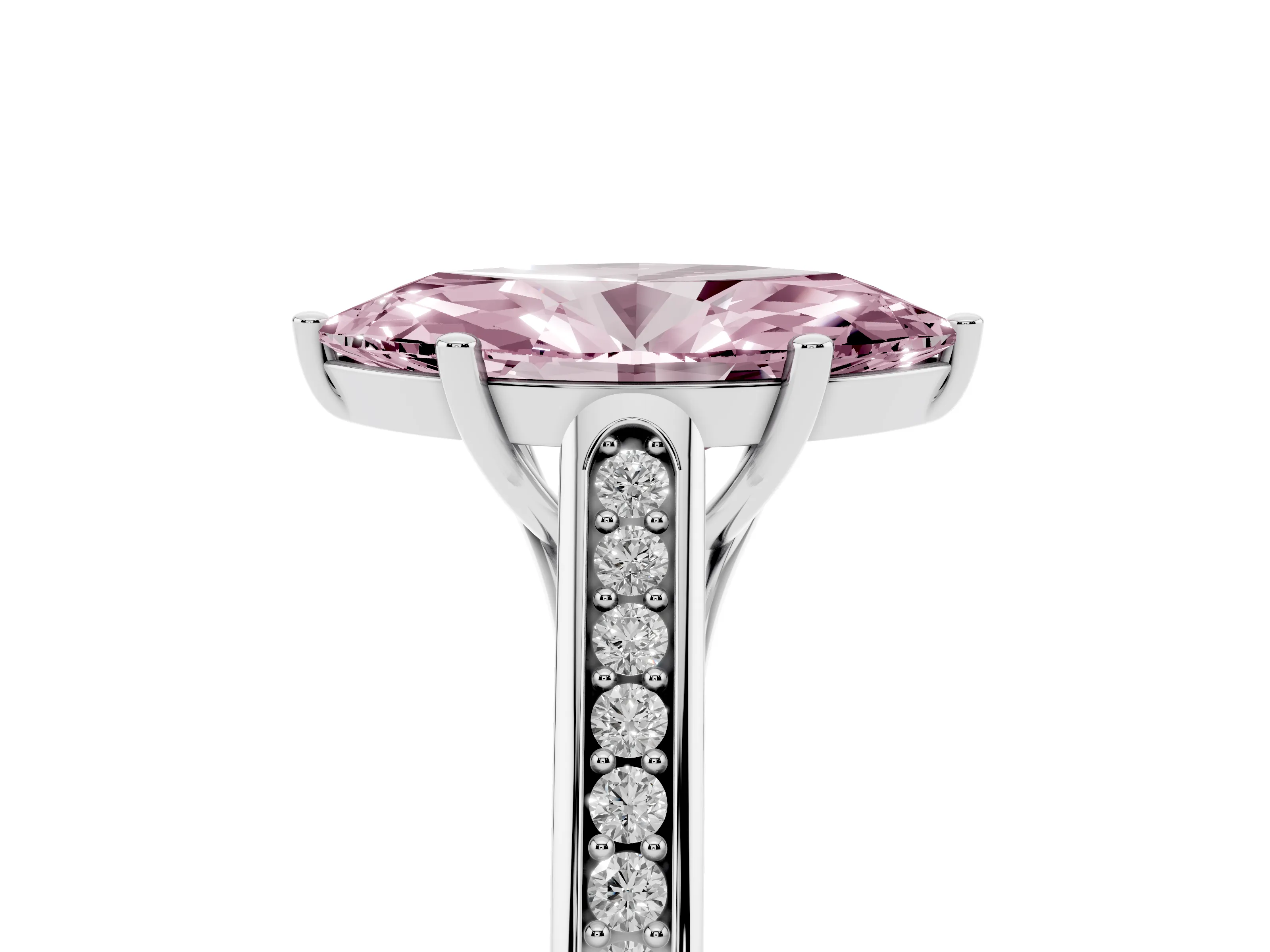 Fancy Pink Marquise Cut Diamond Solitaire Cathedral Engagement Ring Set in White gold with Channel-Set Band and Prong Setting