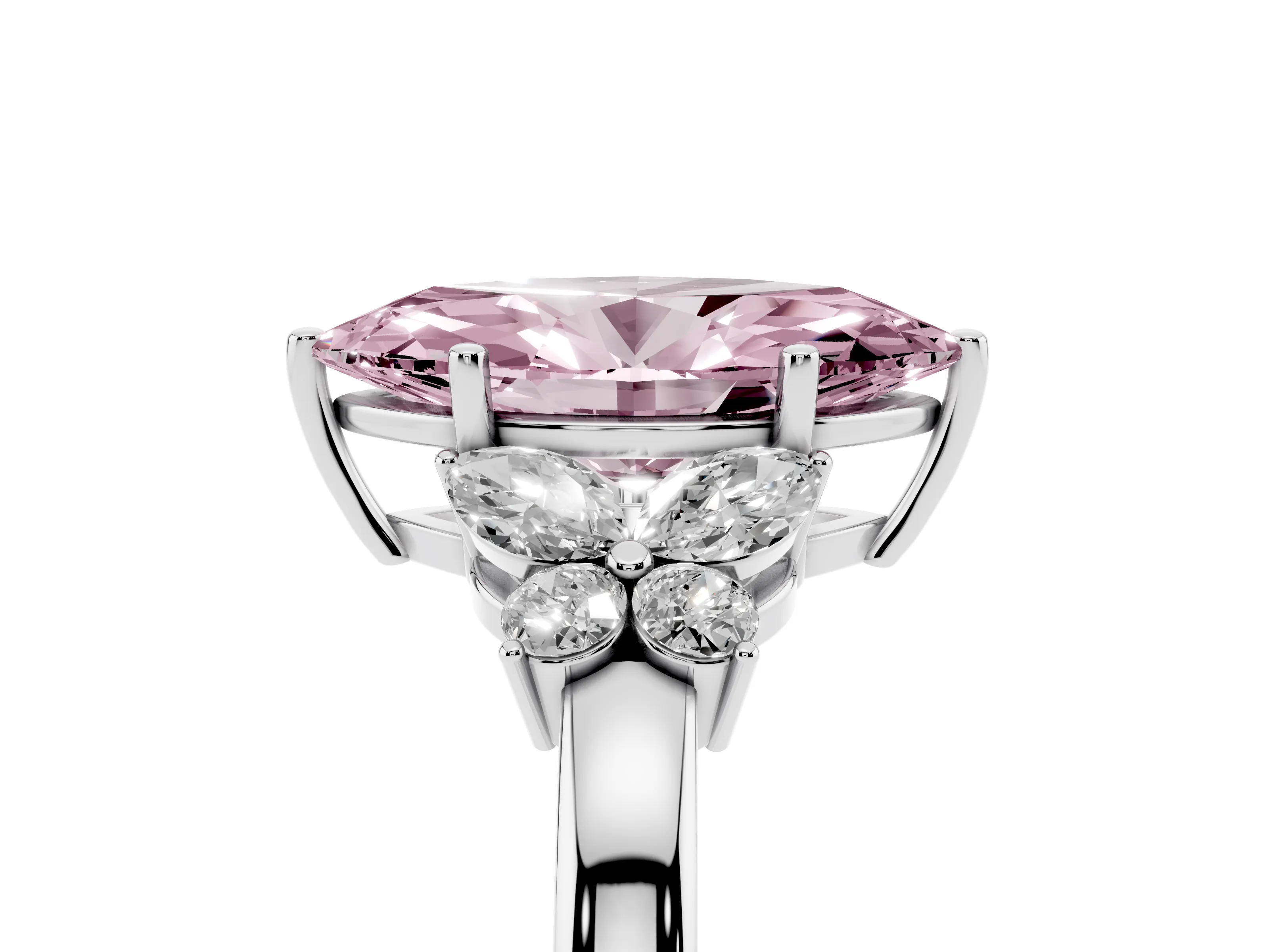 Fancy Pink Marquise Cut Diamond Solitaire Floral Ring Set in Platinum with Marquise Petals and Prong Setting