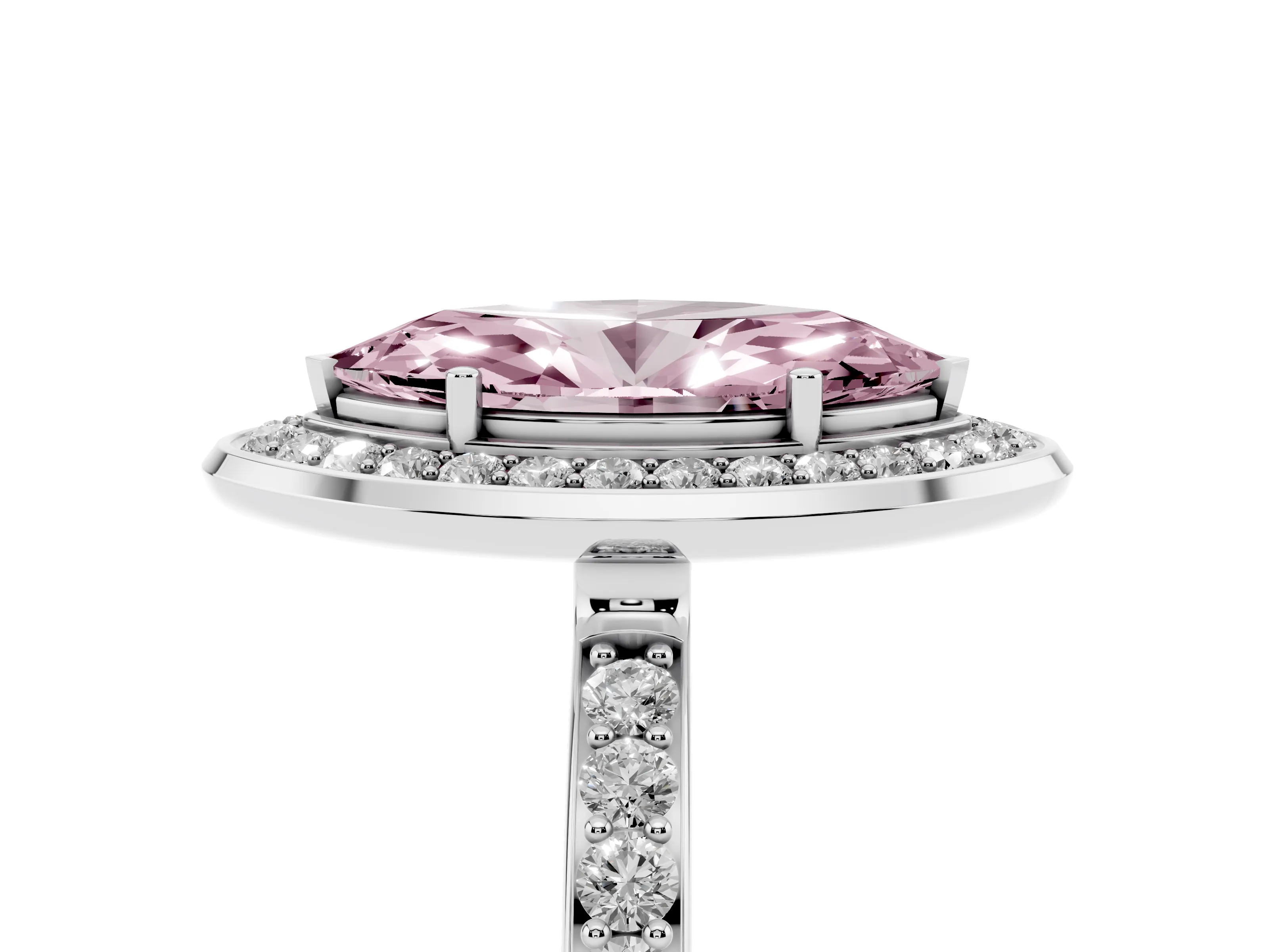 Fancy Pink Marquise Cut Diamond Halo Ring Set in Silver with Bezel Frame and Pavé Band