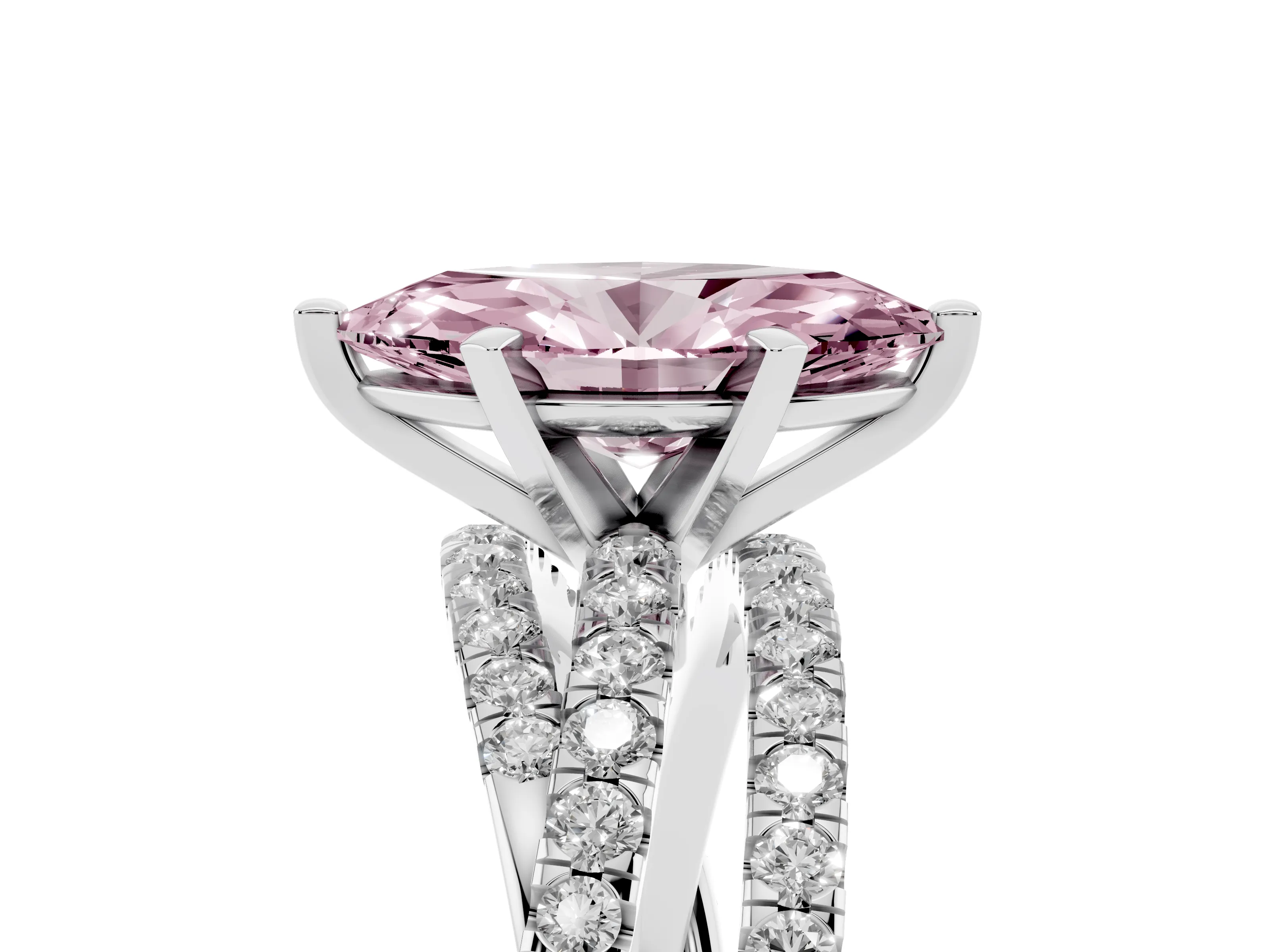 Fancy Pink Marquise Cut Diamond Solitaire Twist Band Ring Set in Silver with Pavé Setting and Prong Head