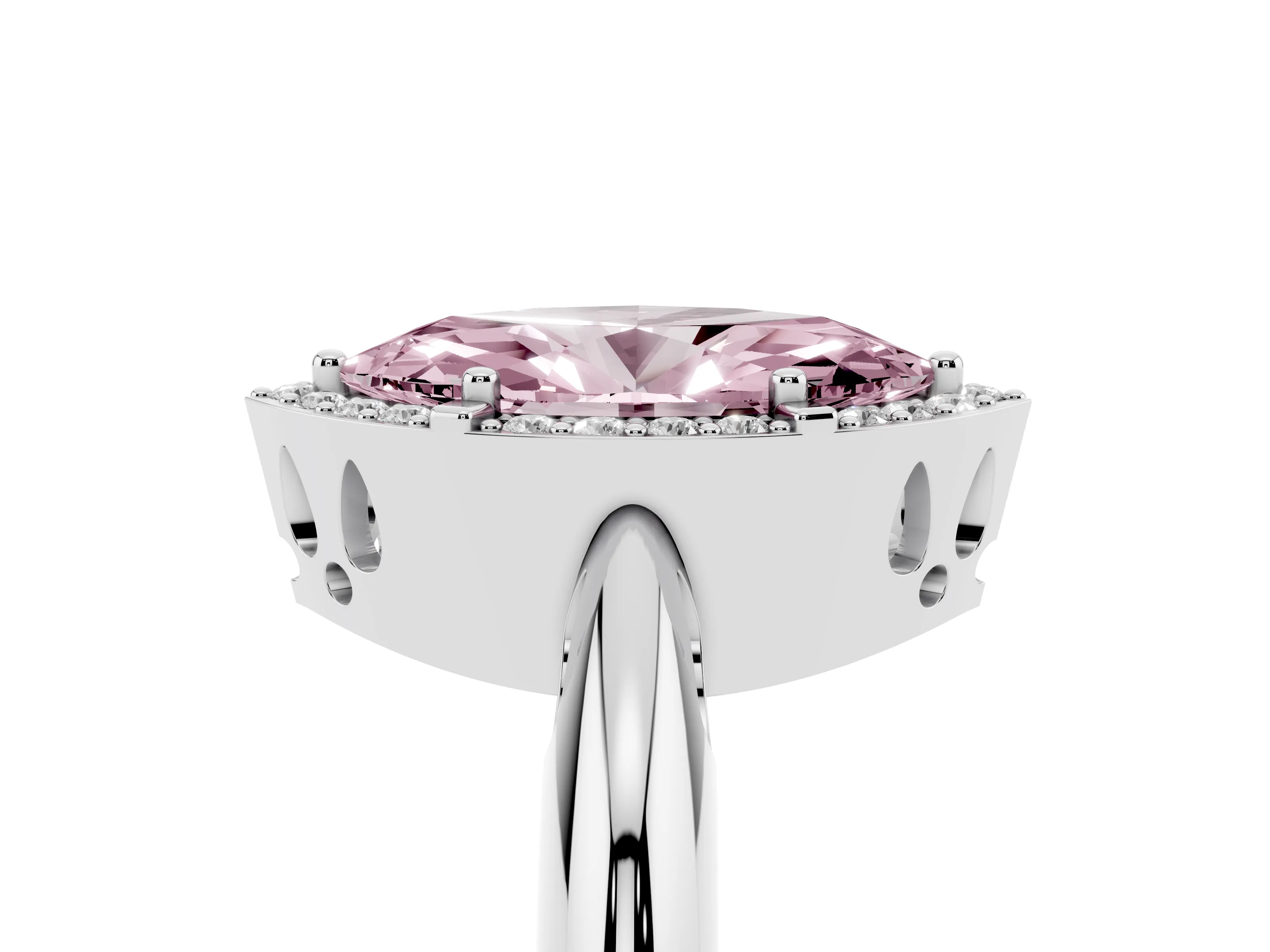 Fancy Pink Marquise Cut Diamond Halo Engagement Ring Set in White gold with Plain Split Shank and Prong Setting