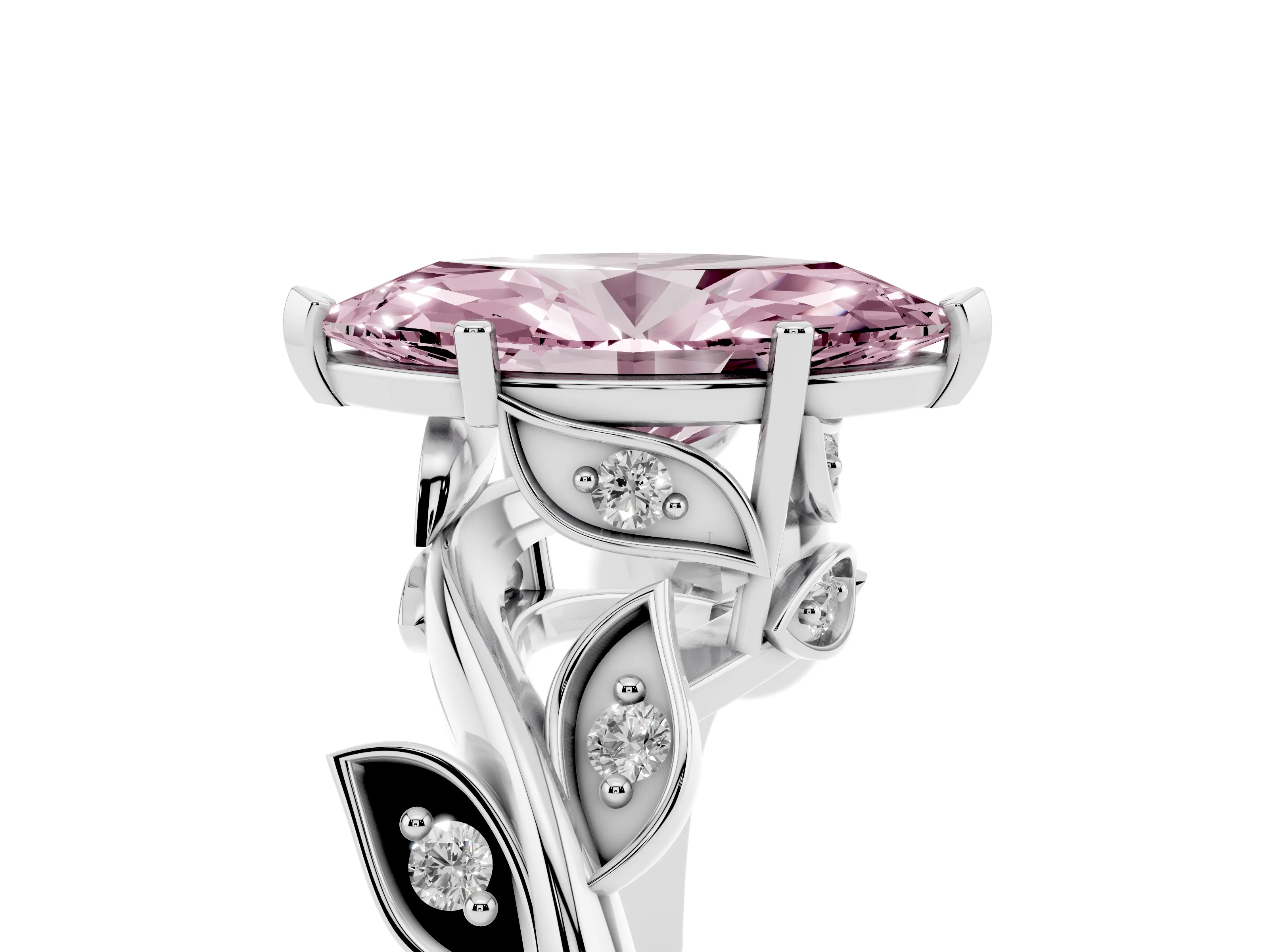 Fancy Pink Marquise Cut Diamond Solitaire Twist Engagement Ring Set in White gold with Pavé Leaf Accents