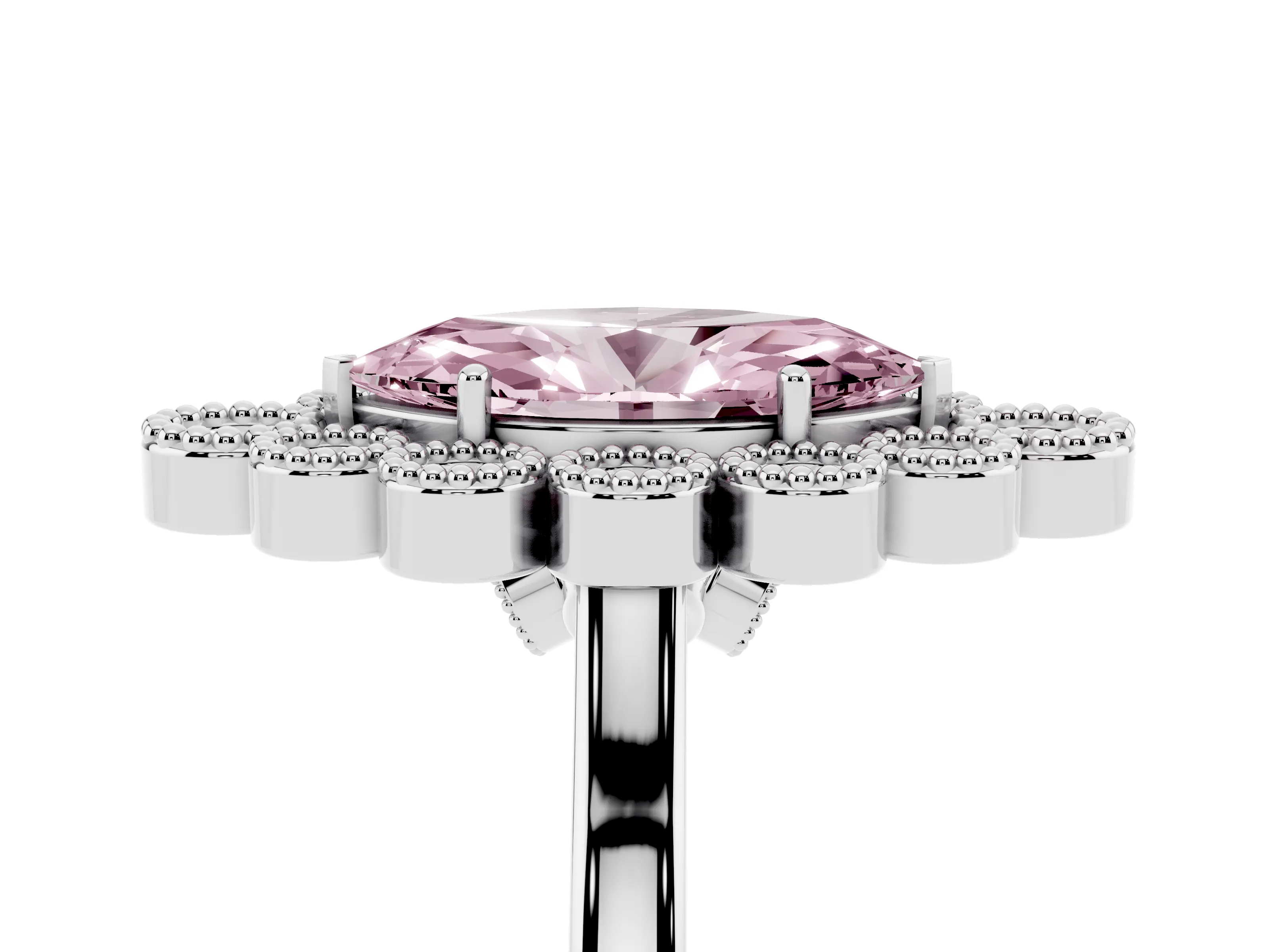 Fancy Pink Marquise Cut Diamond Cluster Halo Ring Set in Platinum with Milgrain Bezel Accents and Plain Band