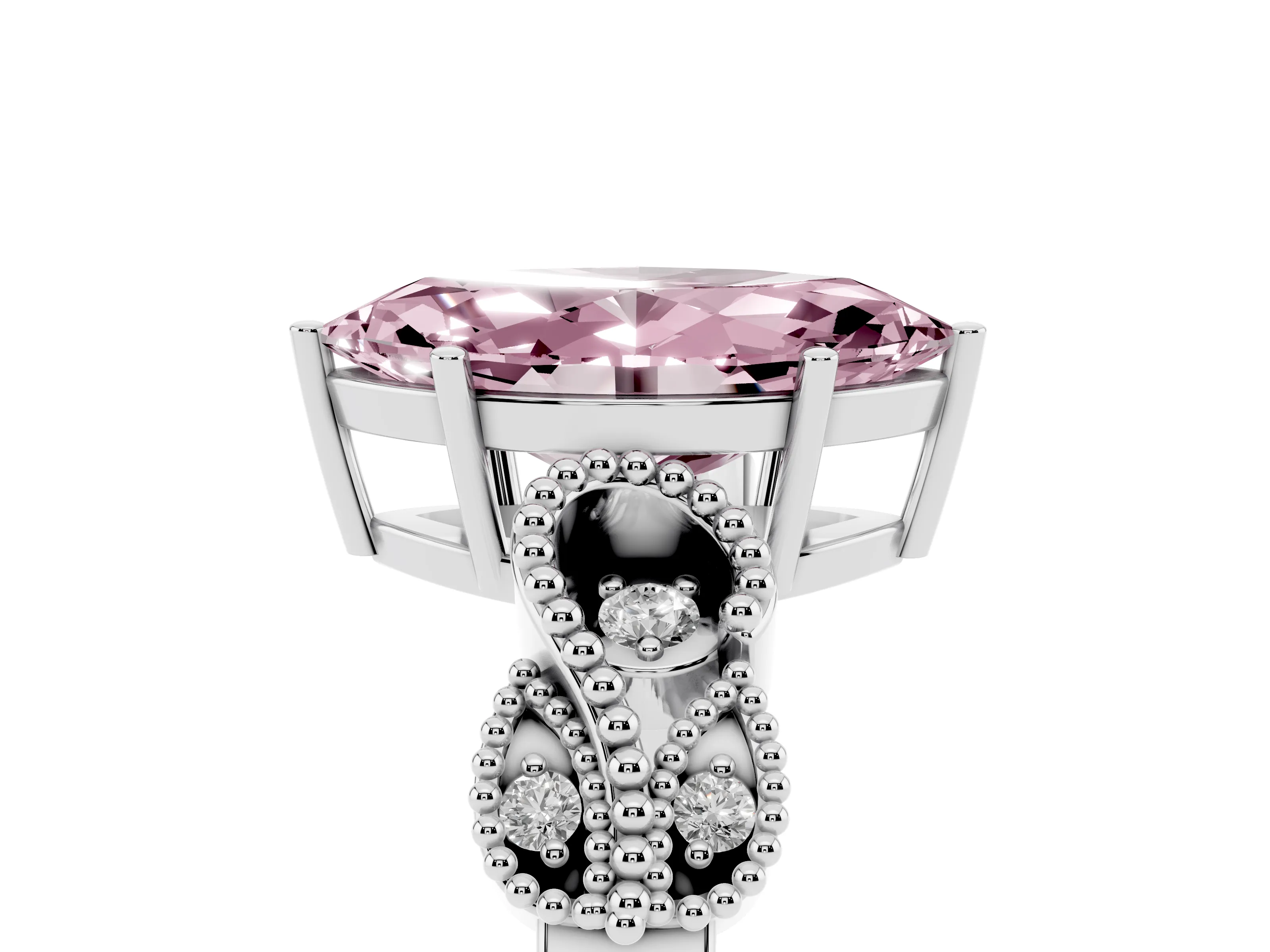 Fancy Pink Marquise Cut Diamond Milgrain Leaf Band Solitaire Ring Set in White gold with Accent Stones and Prong Setting