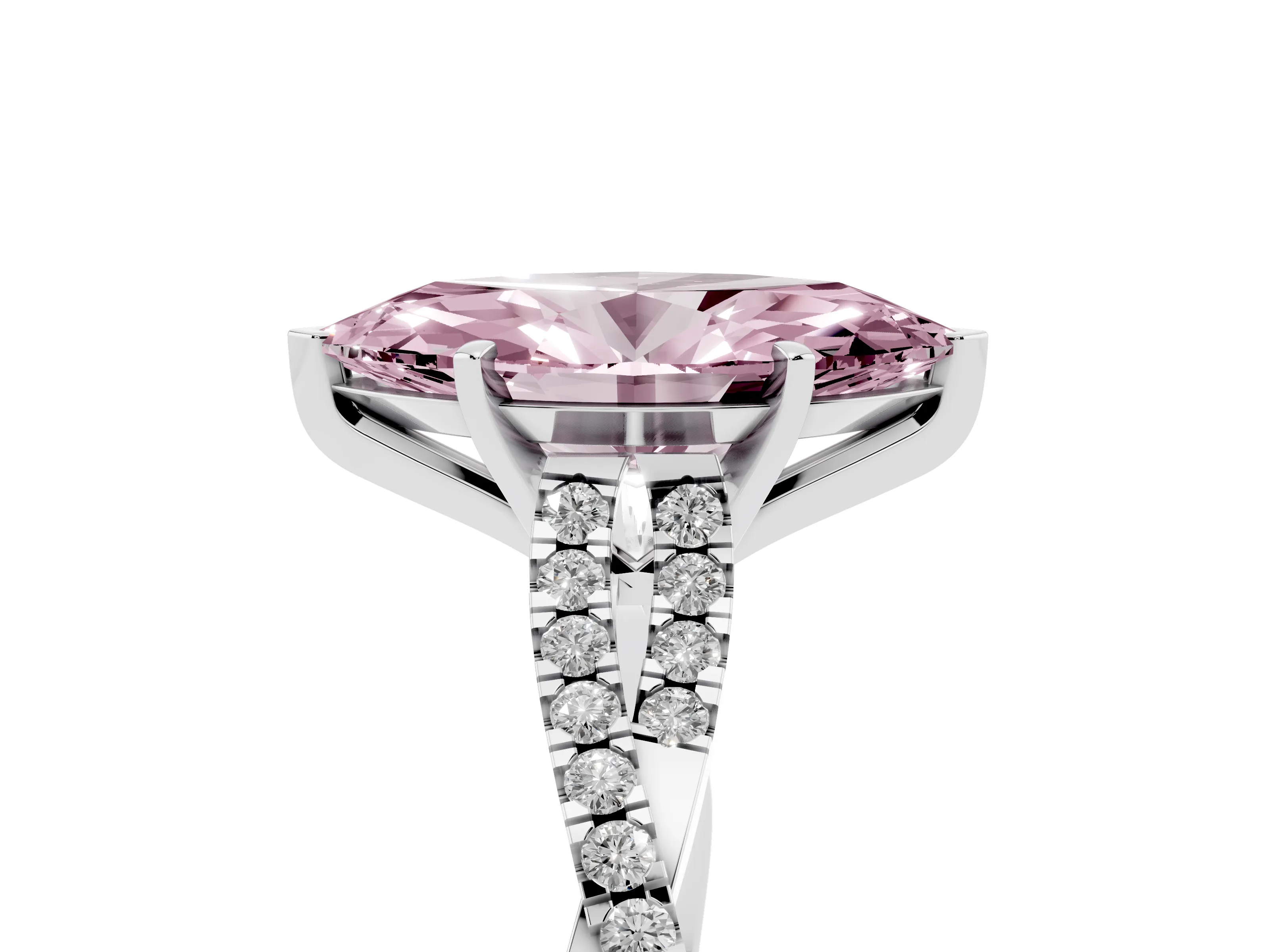 Fancy Pink Marquise Cut Diamond Solitaire Engagement Ring Set in Platinum with Twisted Pavé Band and Prong Setting