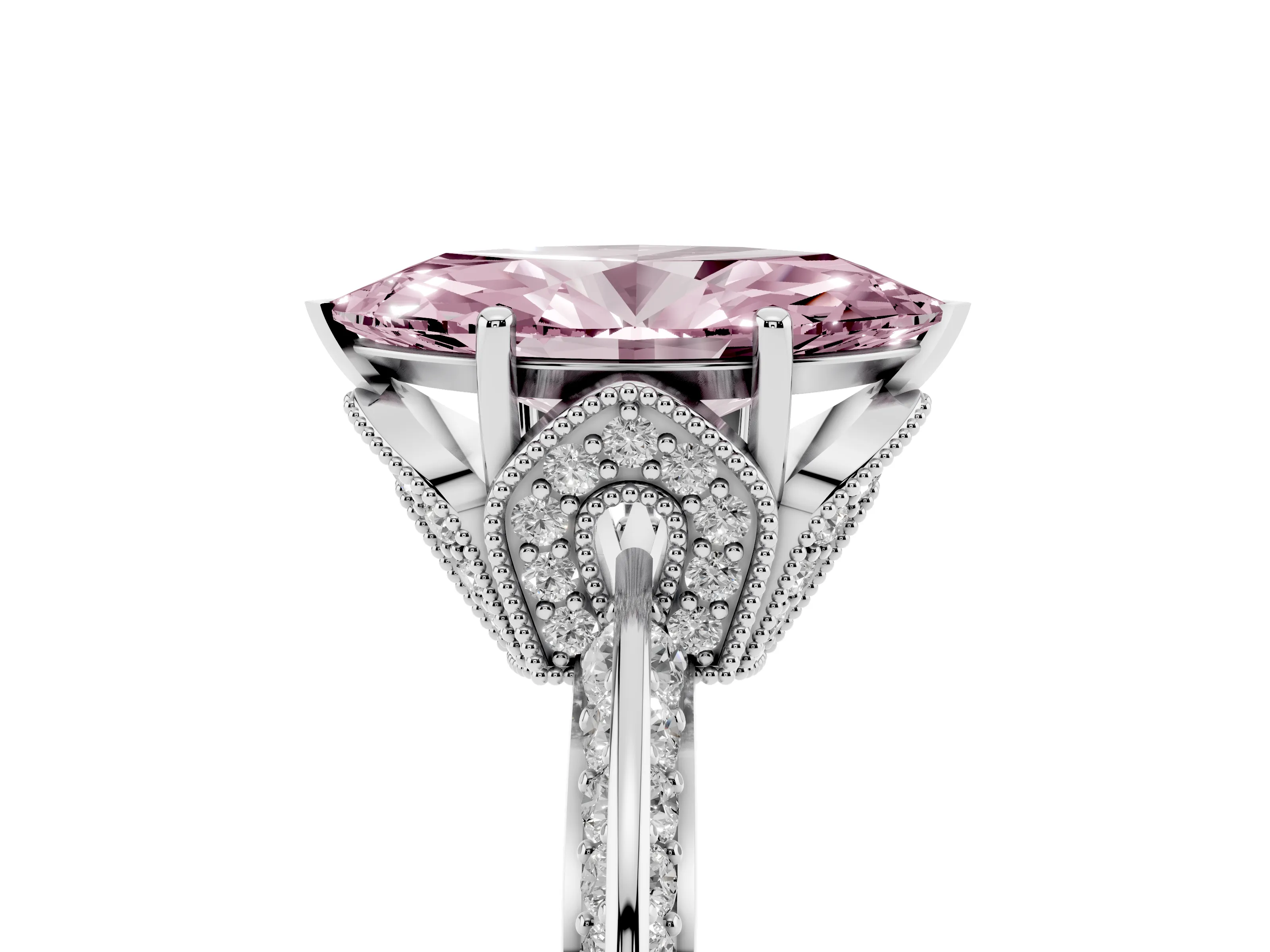Fancy Pink Marquise Cut Diamond Solitaire Engagement Ring Set in Silver with Pavé Split Shank and Prong Setting