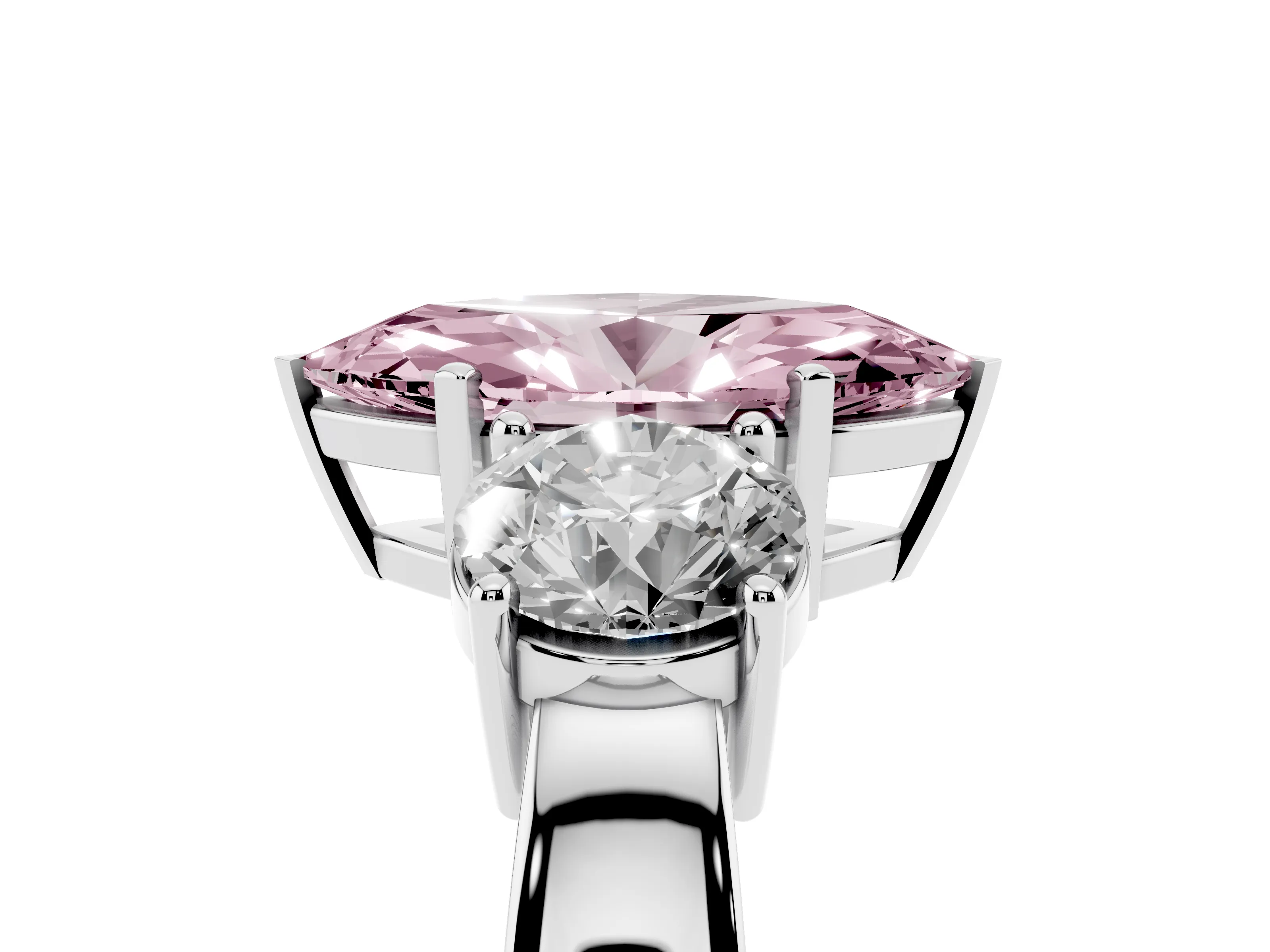 Fancy Pink Marquise Cut Diamond Three-Stone Ring Set in White gold with Round Side Stones and Classic Band
