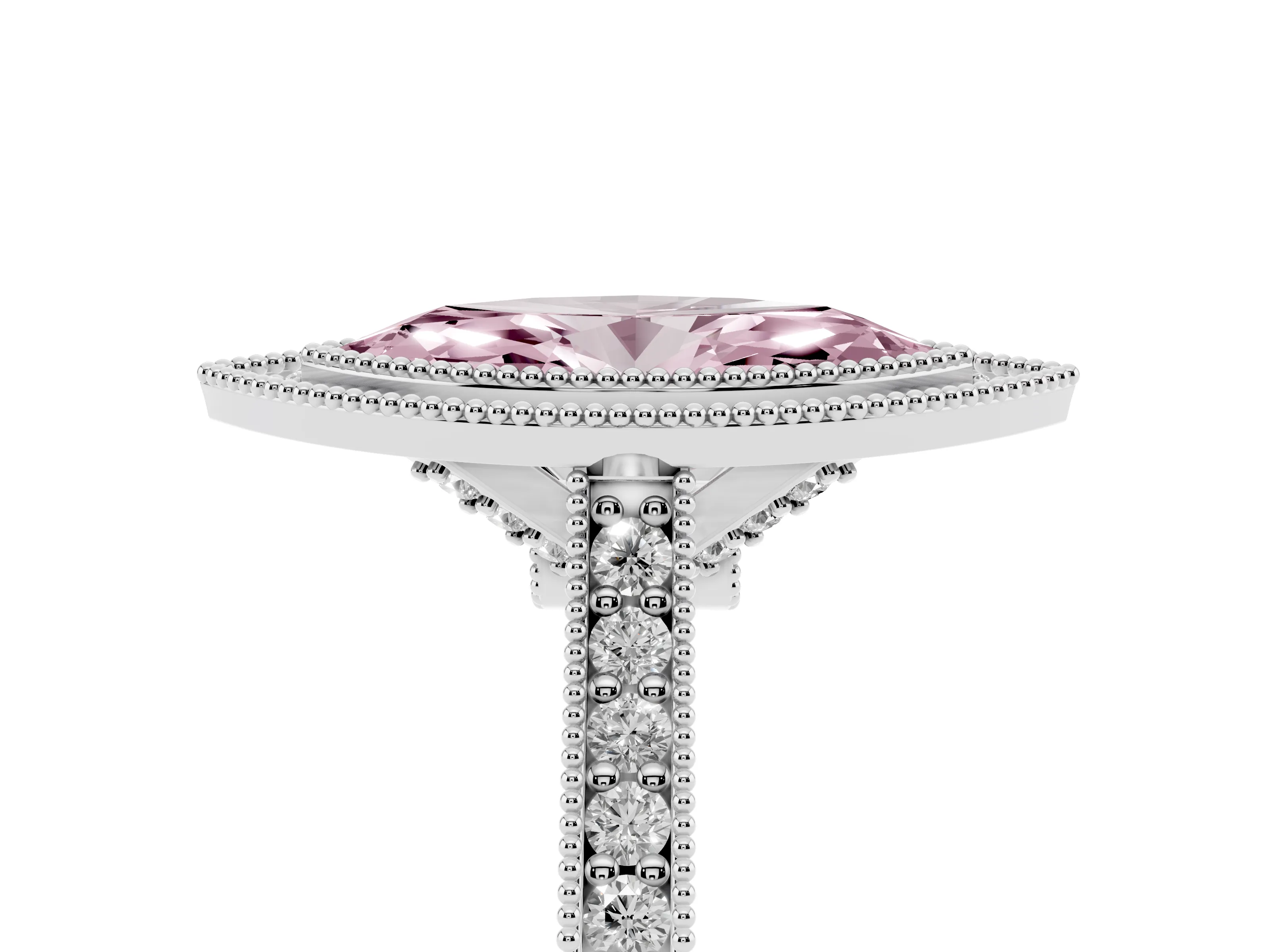 Fancy Pink Marquise Cut Diamond Halo Milgrain Pavé Band Ring Set in Platinum with Prong Setting