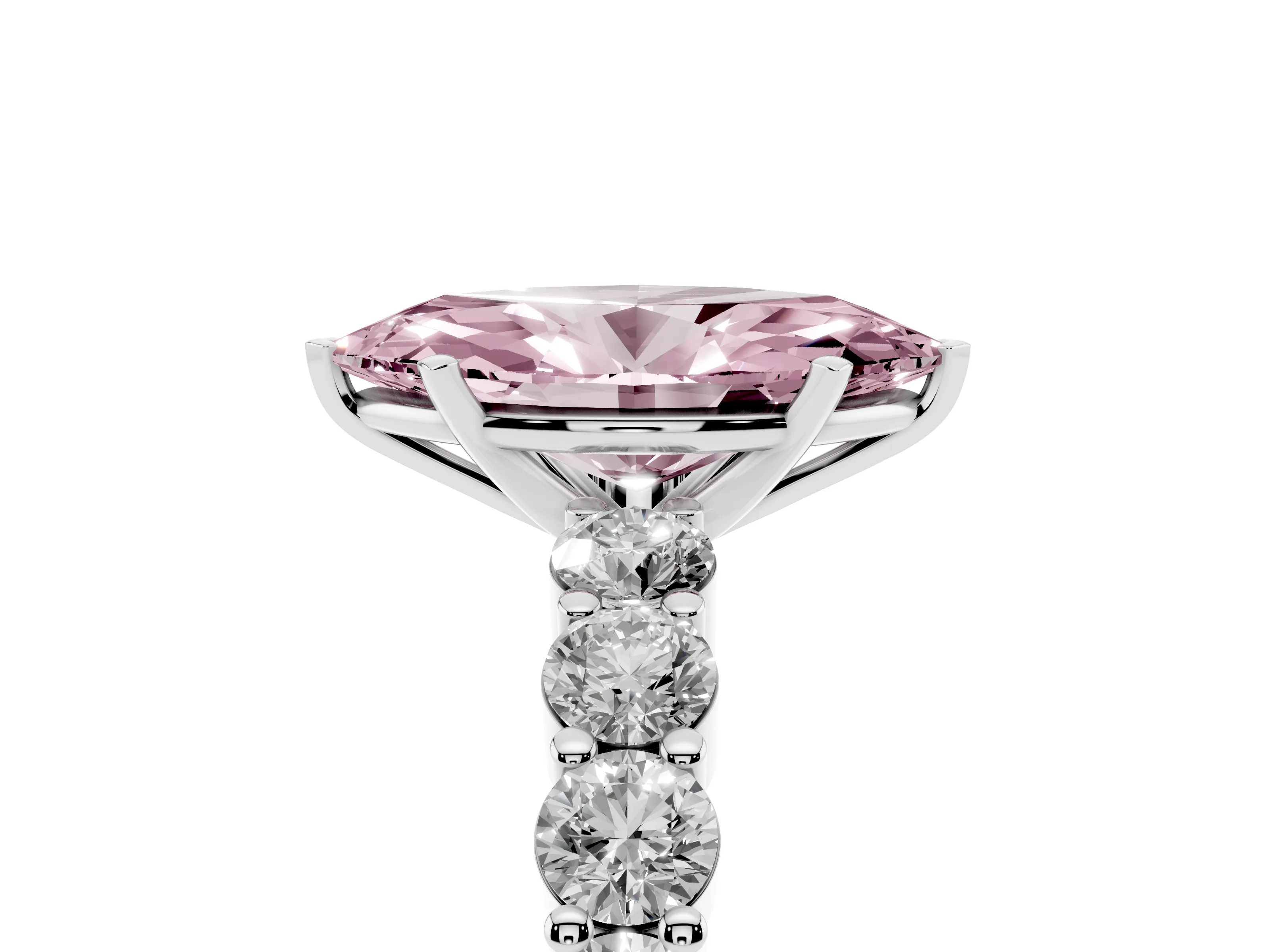 Fancy Pink Marquise Cut Diamond Solitaire Ring Set in Silver with Shared Prong Round Side Stones