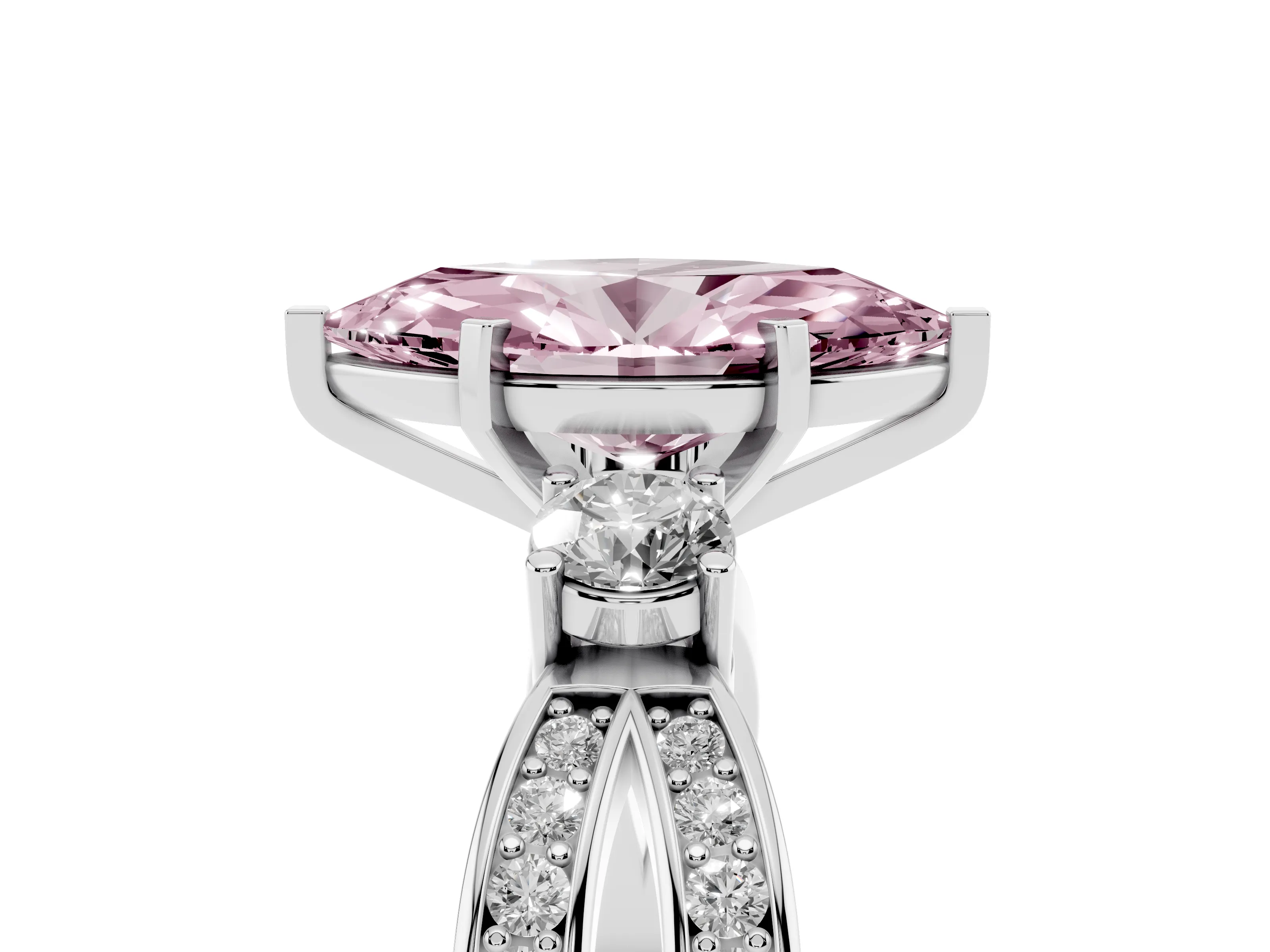 Fancy Pink Three-Stone Marquise Cut Diamond Twist Band Ring Set in White gold with Pavé Accents and Prong Setting