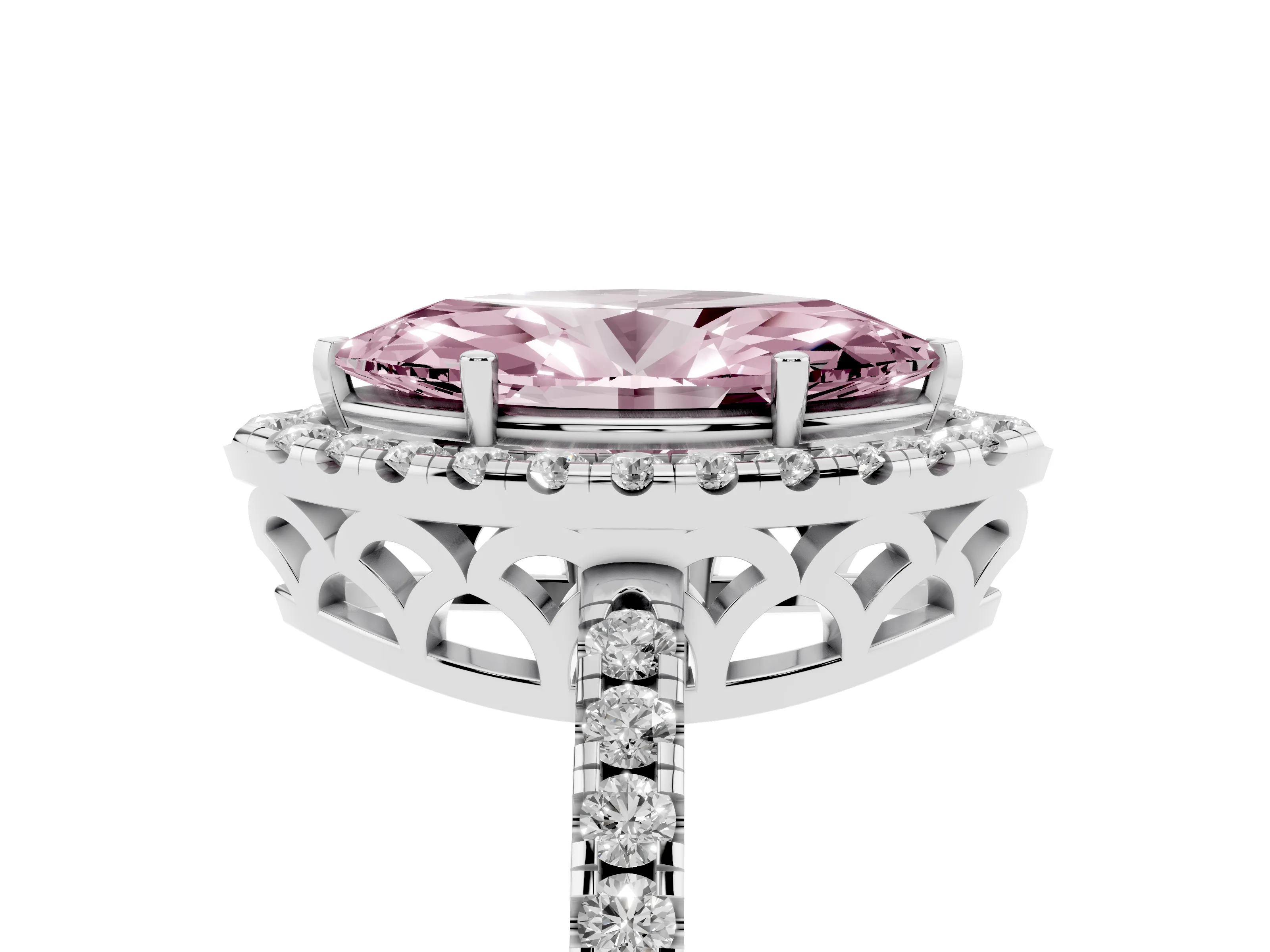 Fancy Pink Marquise Cut Diamond Pavé Band Halo Engagement Ring Set in White gold with Prong Setting