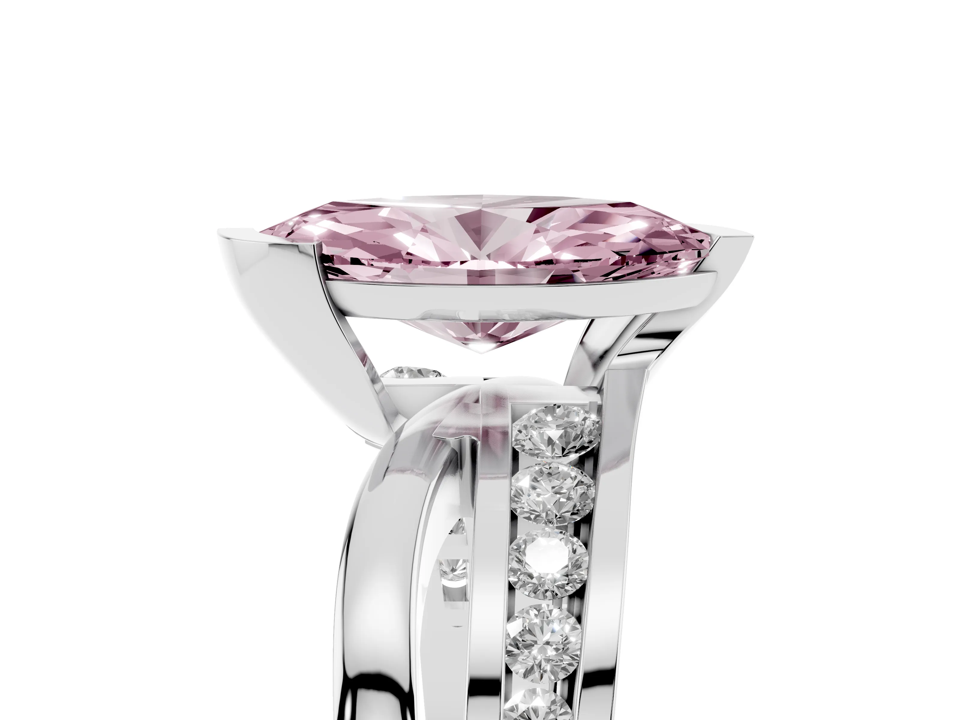 Fancy Pink Marquise Cut Diamond Solitaire Ring Set in Silver with Channel Set Split Shank and Tension Prongs