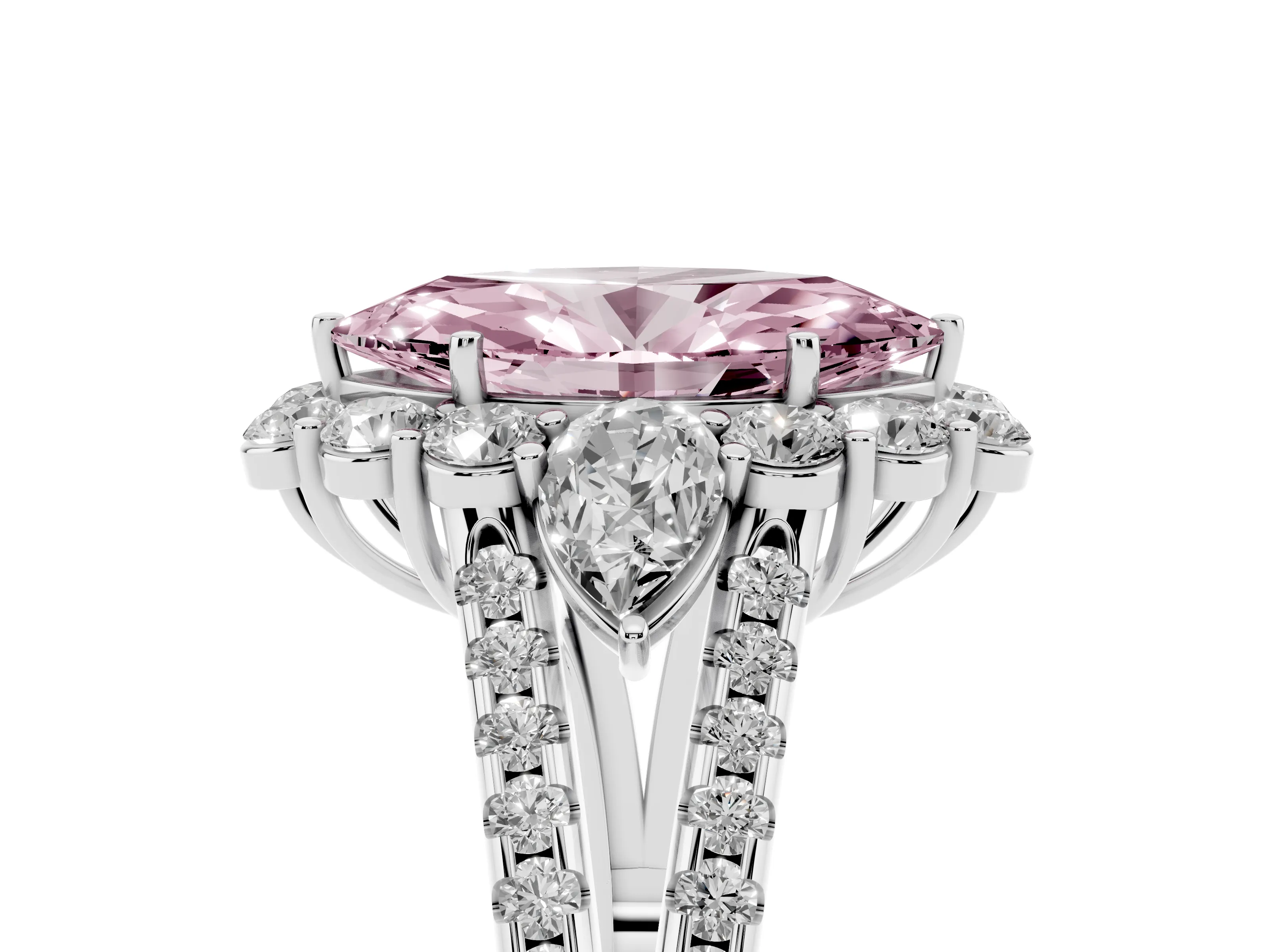 Fancy Pink Marquise Cut Diamond Halo Split Shank Engagement Ring Set in Silver with Prong-Held Center Stone