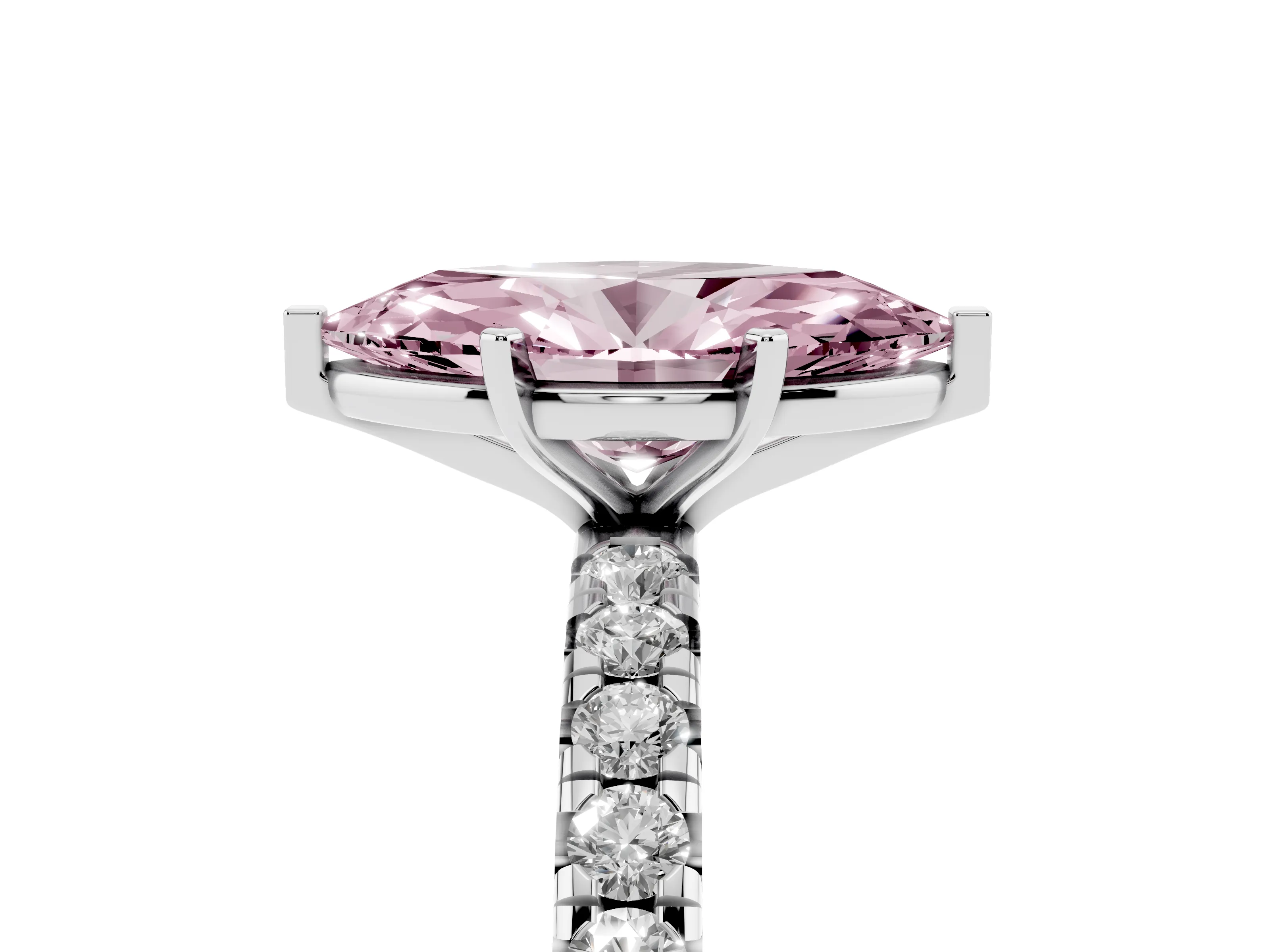 Fancy Pink Marquise Cut Diamond Pavé Solitaire Ring Set in Platinum with Round Band and Prong Setting