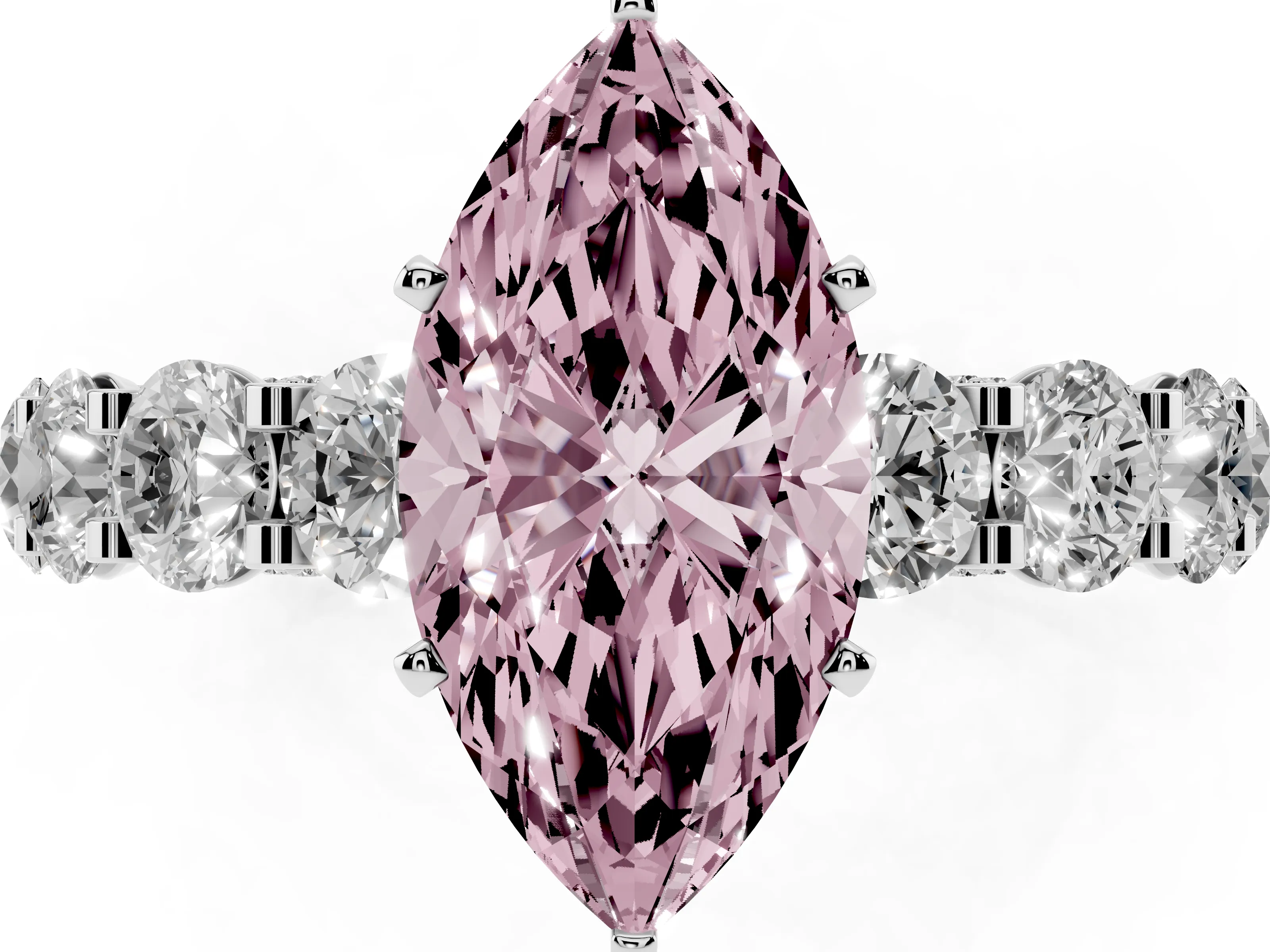 Fancy Pink Marquise Cut Diamond Side Stone Ring Set in Silver with Alternating Round and Oval Side Stones