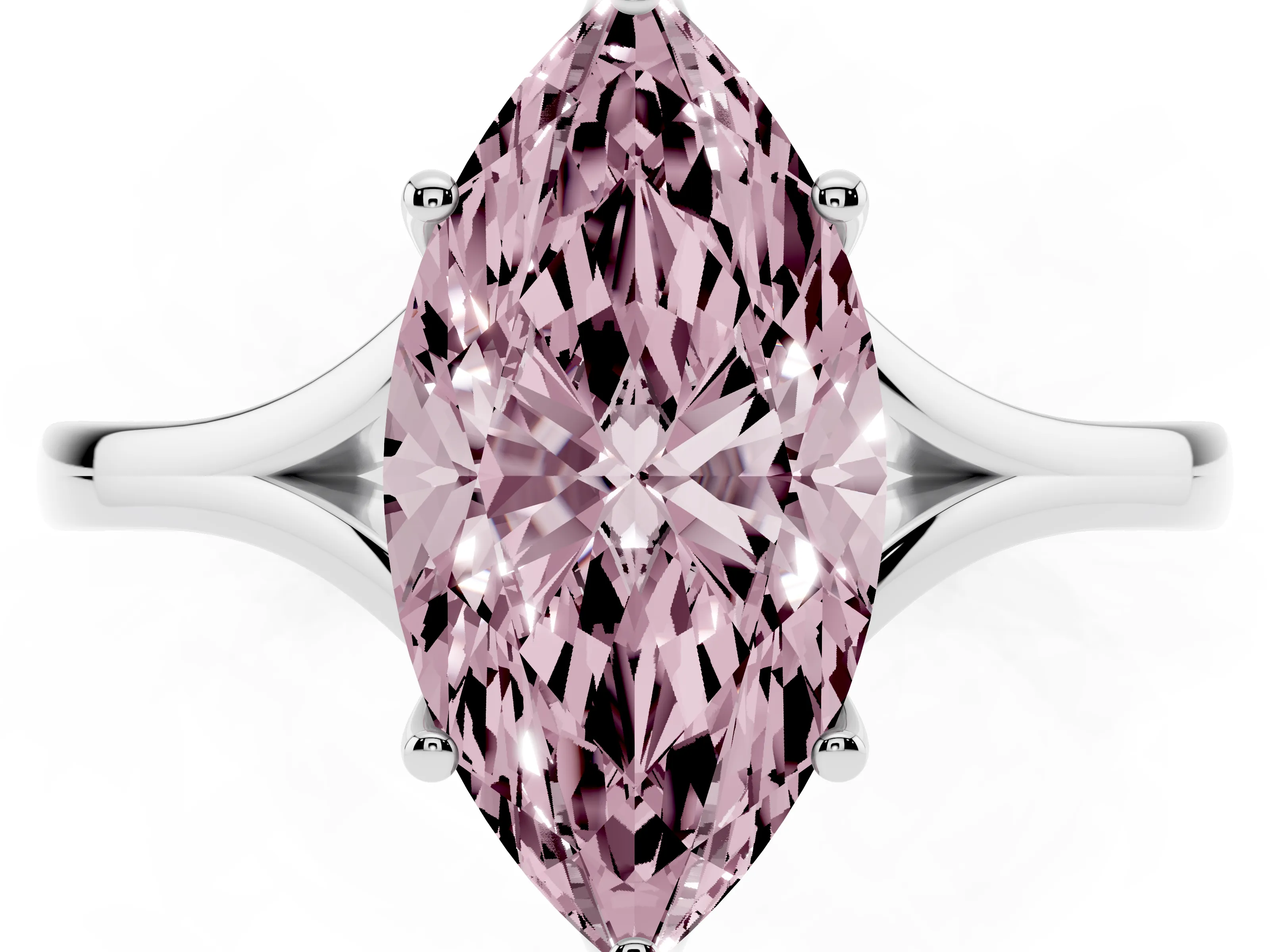 Fancy Pink Marquise Cut Diamond Solitaire Ring Set in Platinum with Polished Tapered Band and Prong Setting