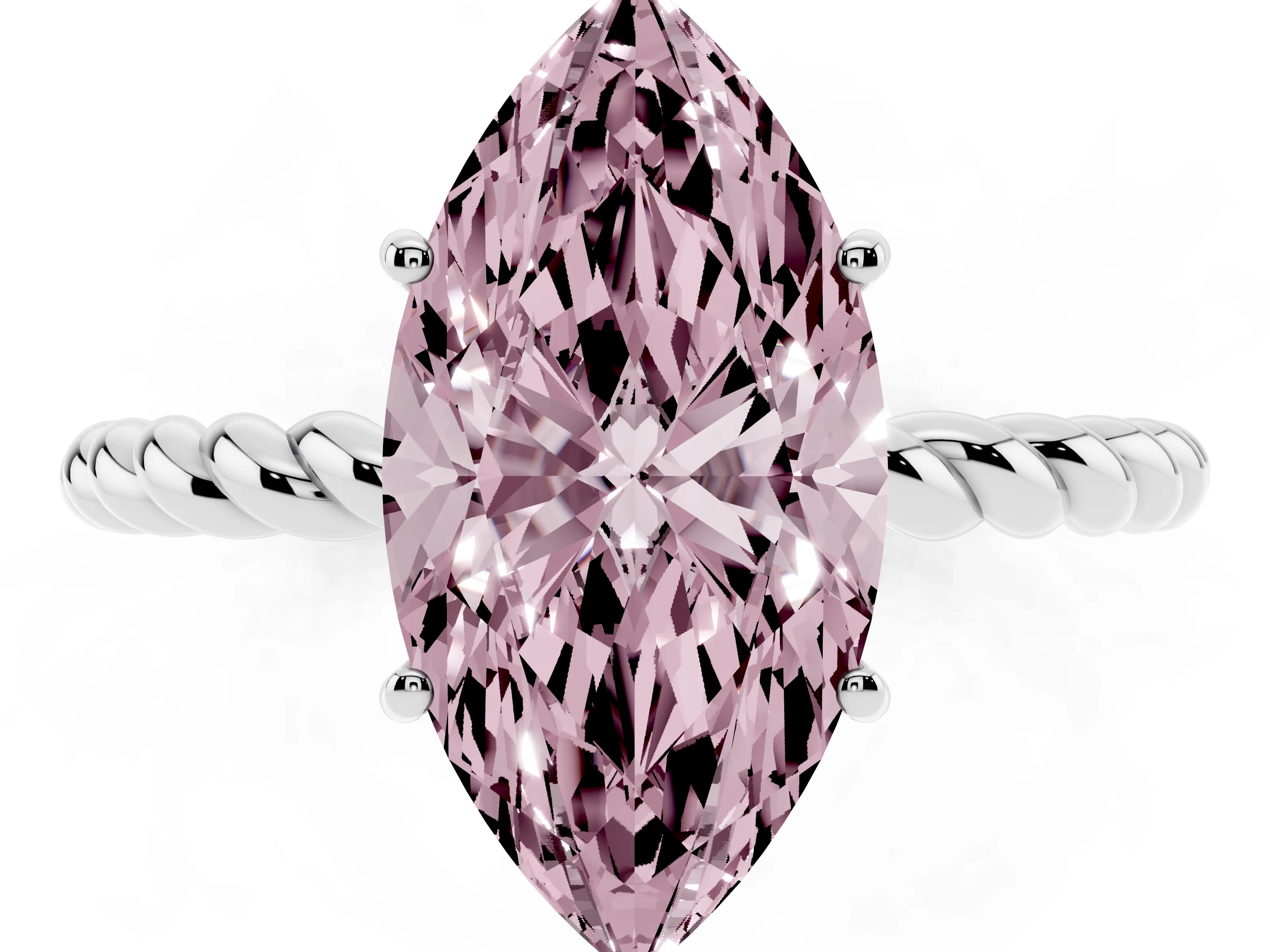 Fancy Pink Marquise Cut Diamond Solitaire Ring Set in Silver with Twist Band and Prong Setting