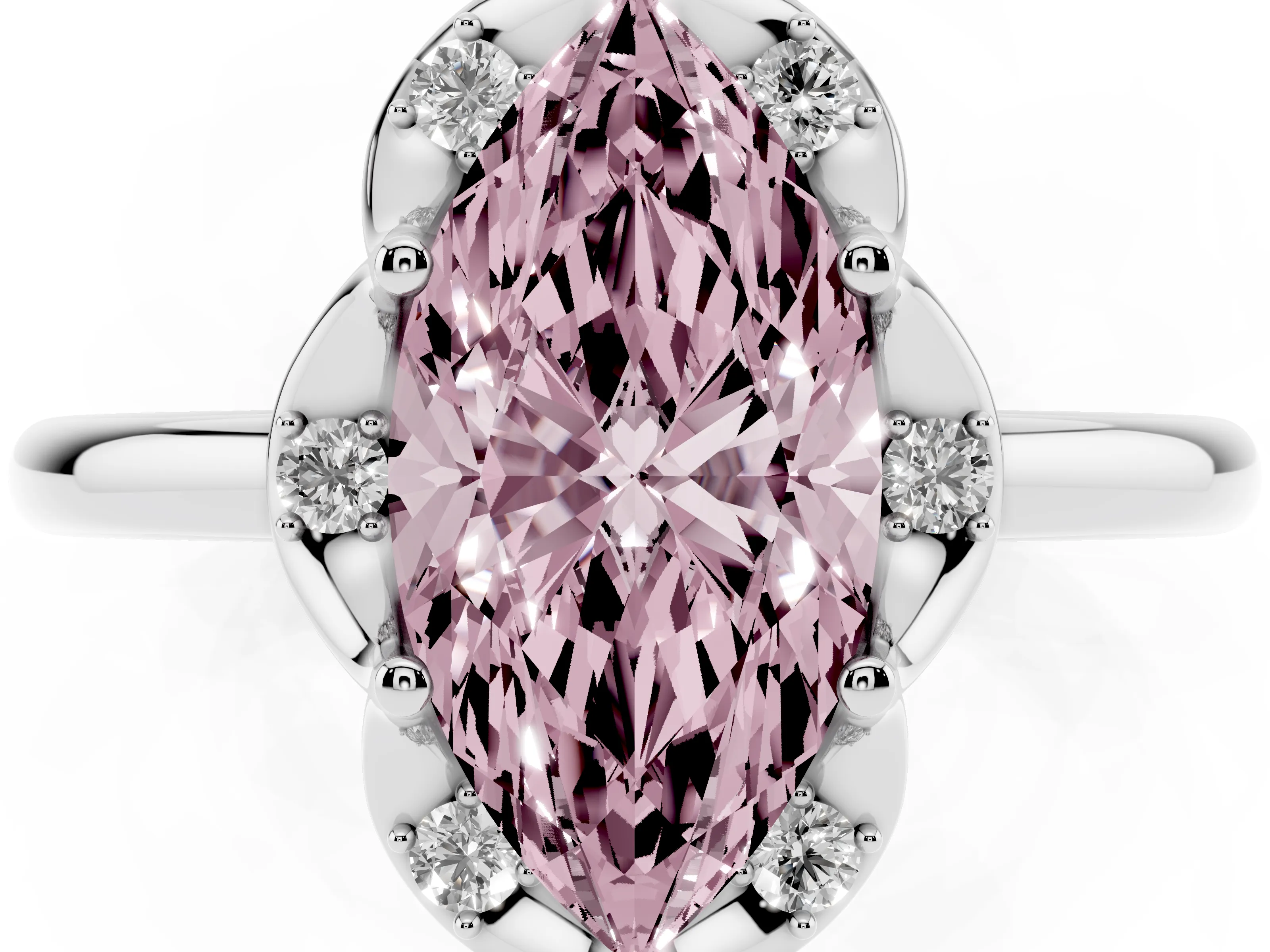 Fancy Pink Marquise Cut Diamond Round Cluster Halo Ring Set in Silver with Solitaire Band and Prong Setting