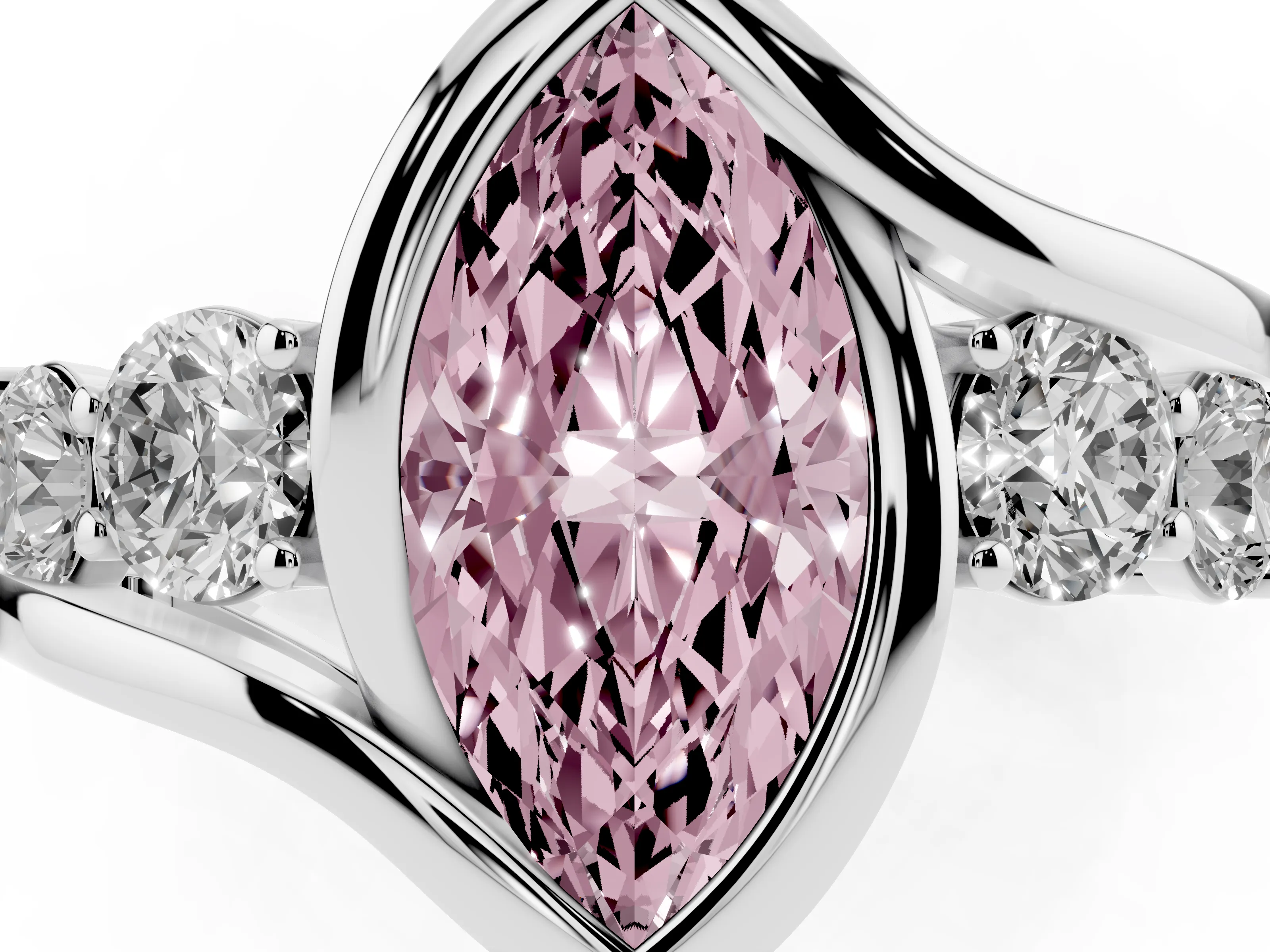 Fancy Pink Marquise Cut Diamond Bezel Bypass Ring Set in Silver with Round Accents