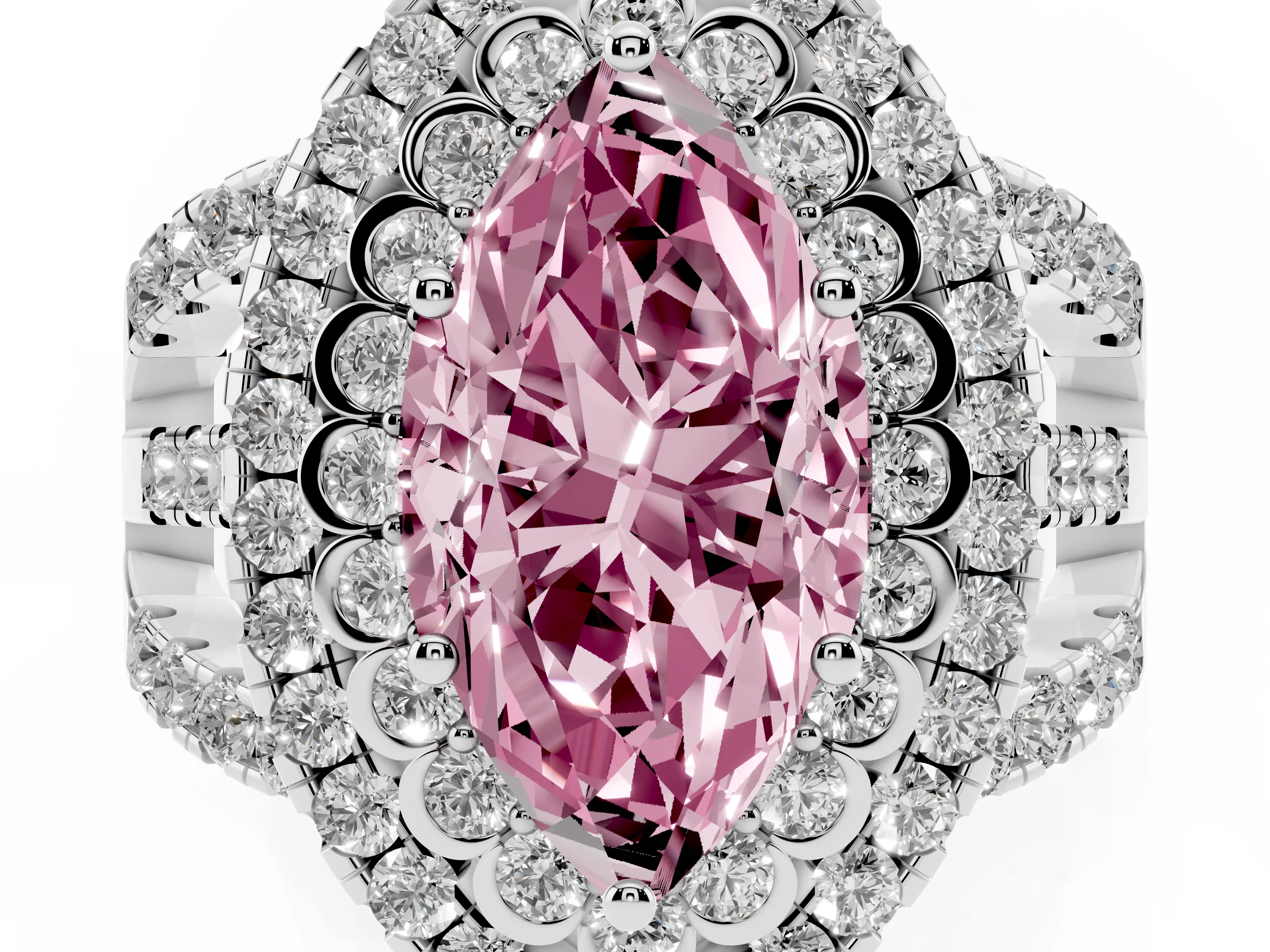 Fancy Pink Marquise Cut Diamond Double Halo Ring Set in White gold with Round Pavé Split Shank