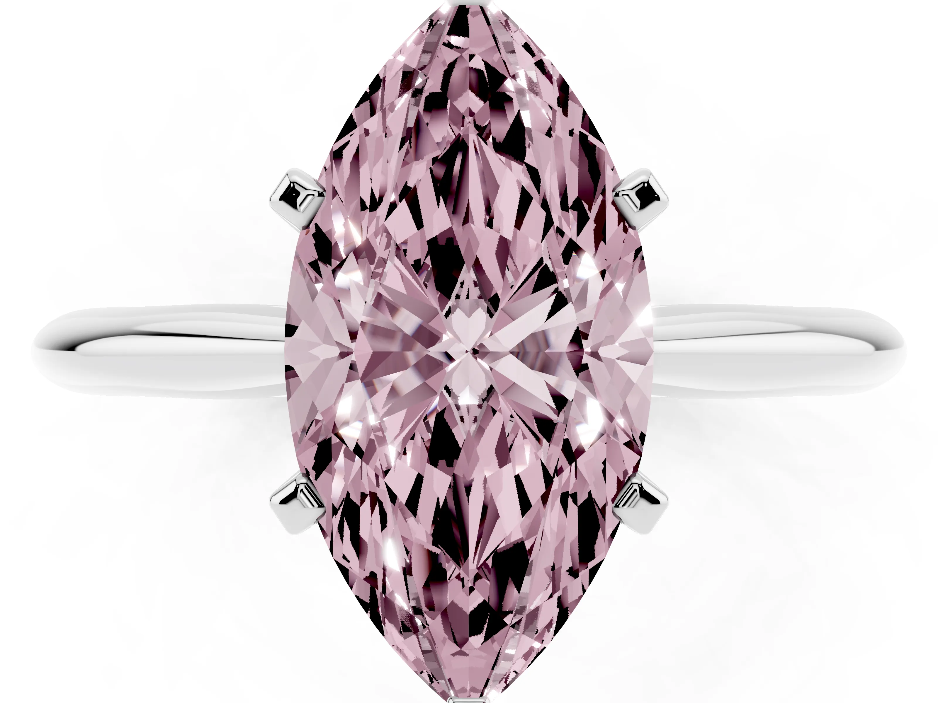 Fancy Pink Marquise Cut Diamond Solitaire Ring Set in Silver with Prong Setting on a Plain Round Band