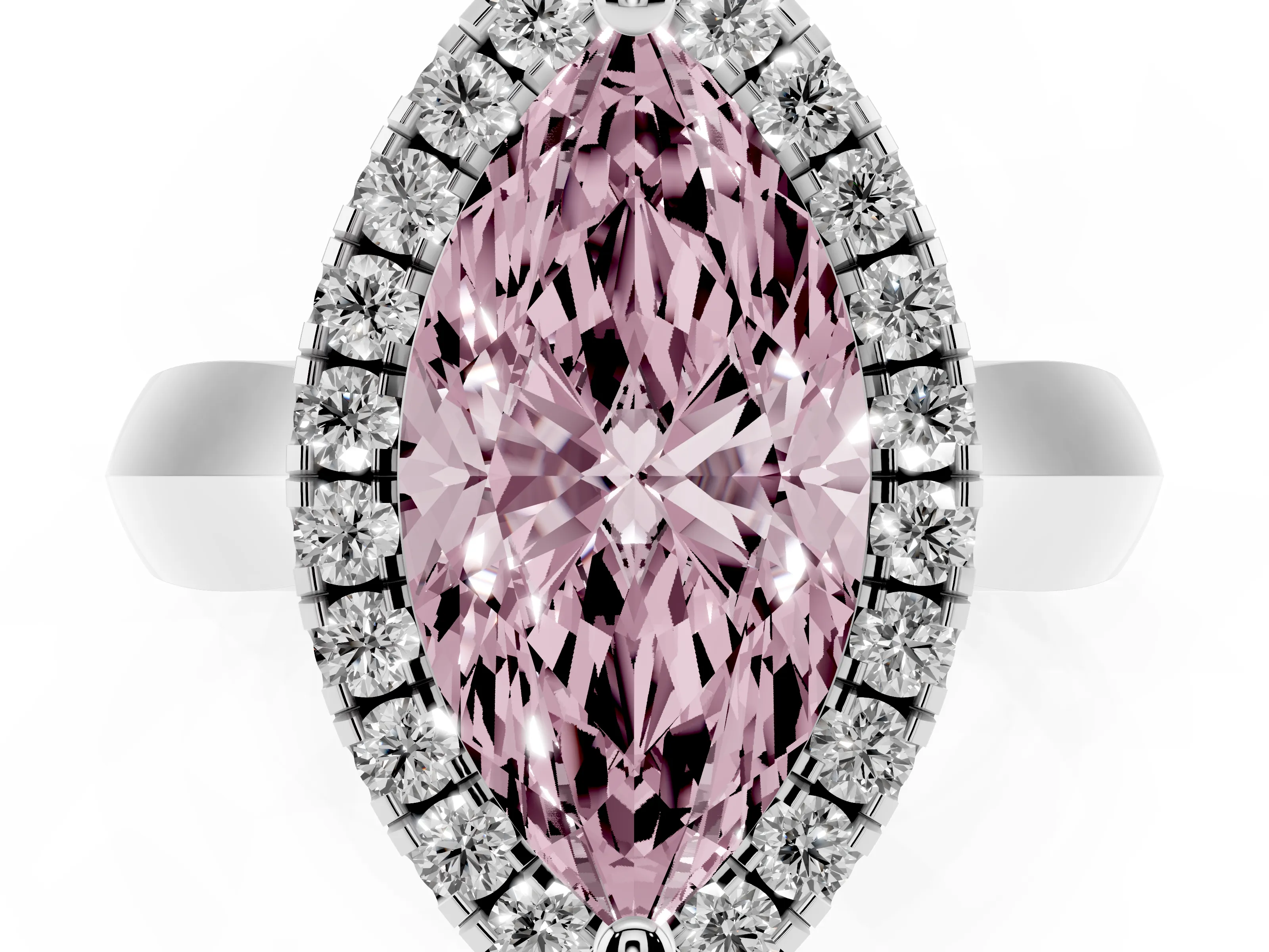 Fancy Pink Marquise Cut Diamond Halo Solitaire Engagement Ring Set in Platinum with Square Band and Prong Setting