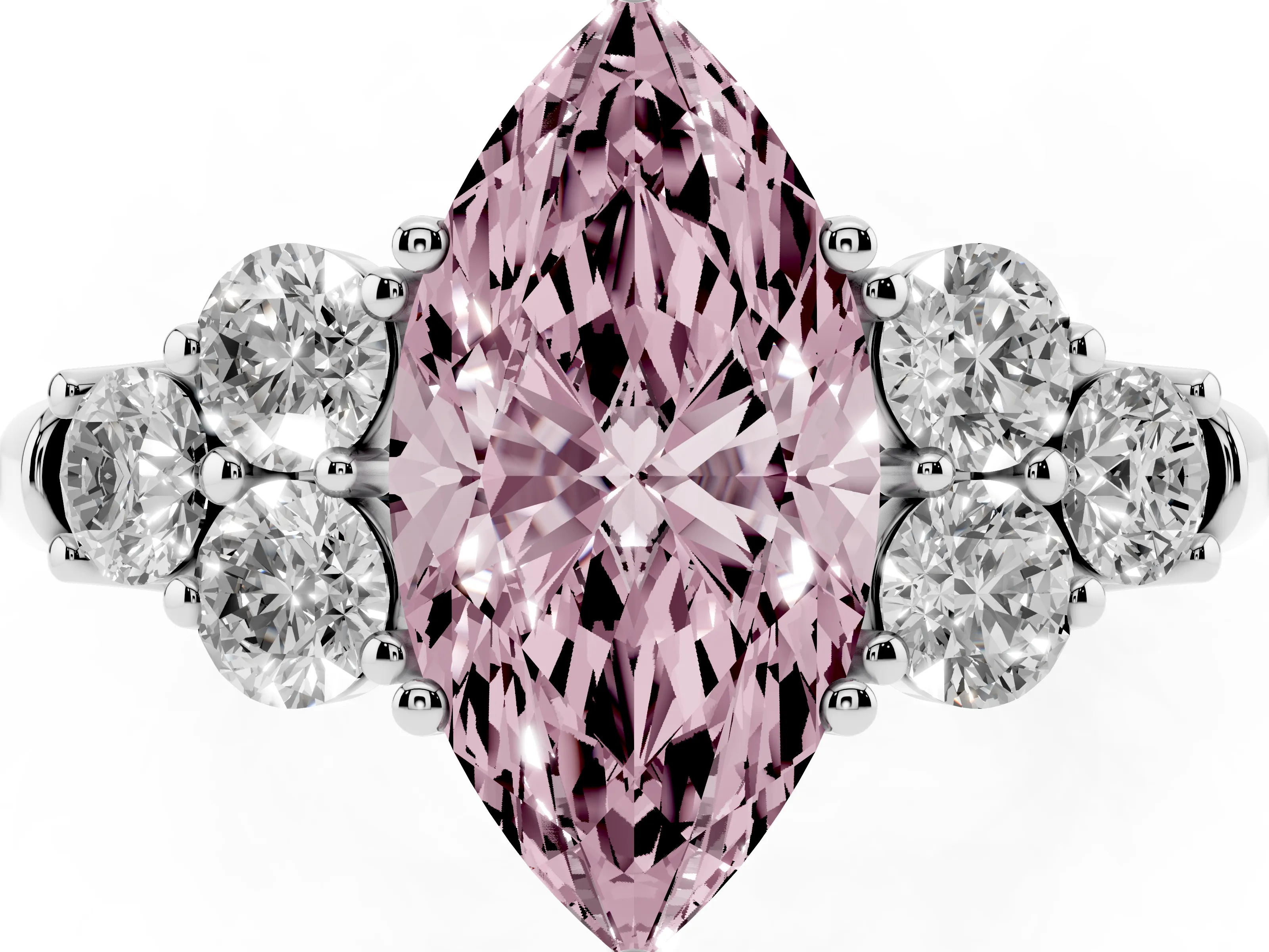 Fancy Pink Marquise Cut Diamond Cluster Ring Set in Platinum with Round Accent Stones and Prong Setting on a Plain Band