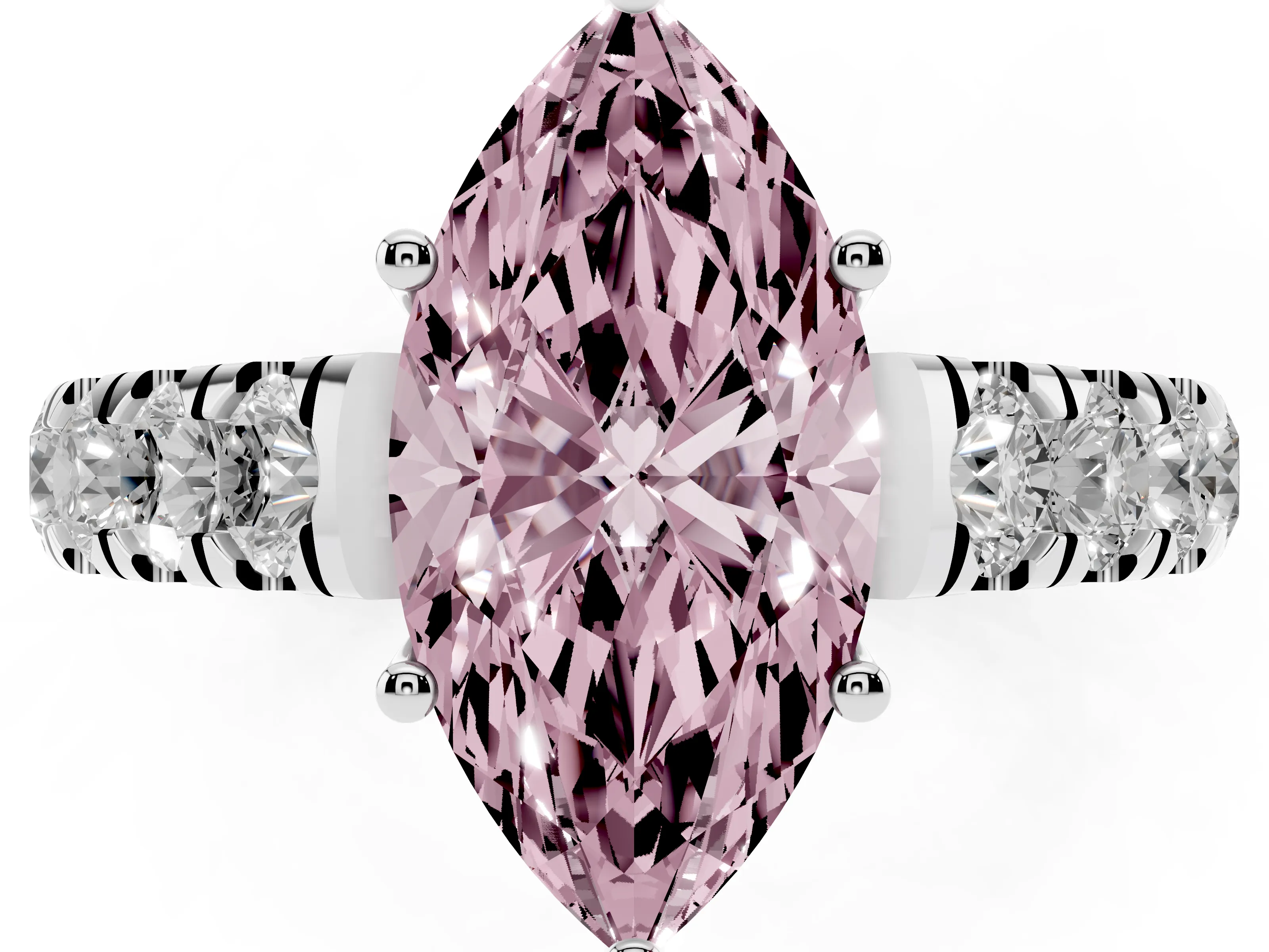 Fancy Pink Marquise Cut Diamond Solitaire Ring Set in White gold with Cut-Down Micro Pavé Band and Prong Setting
