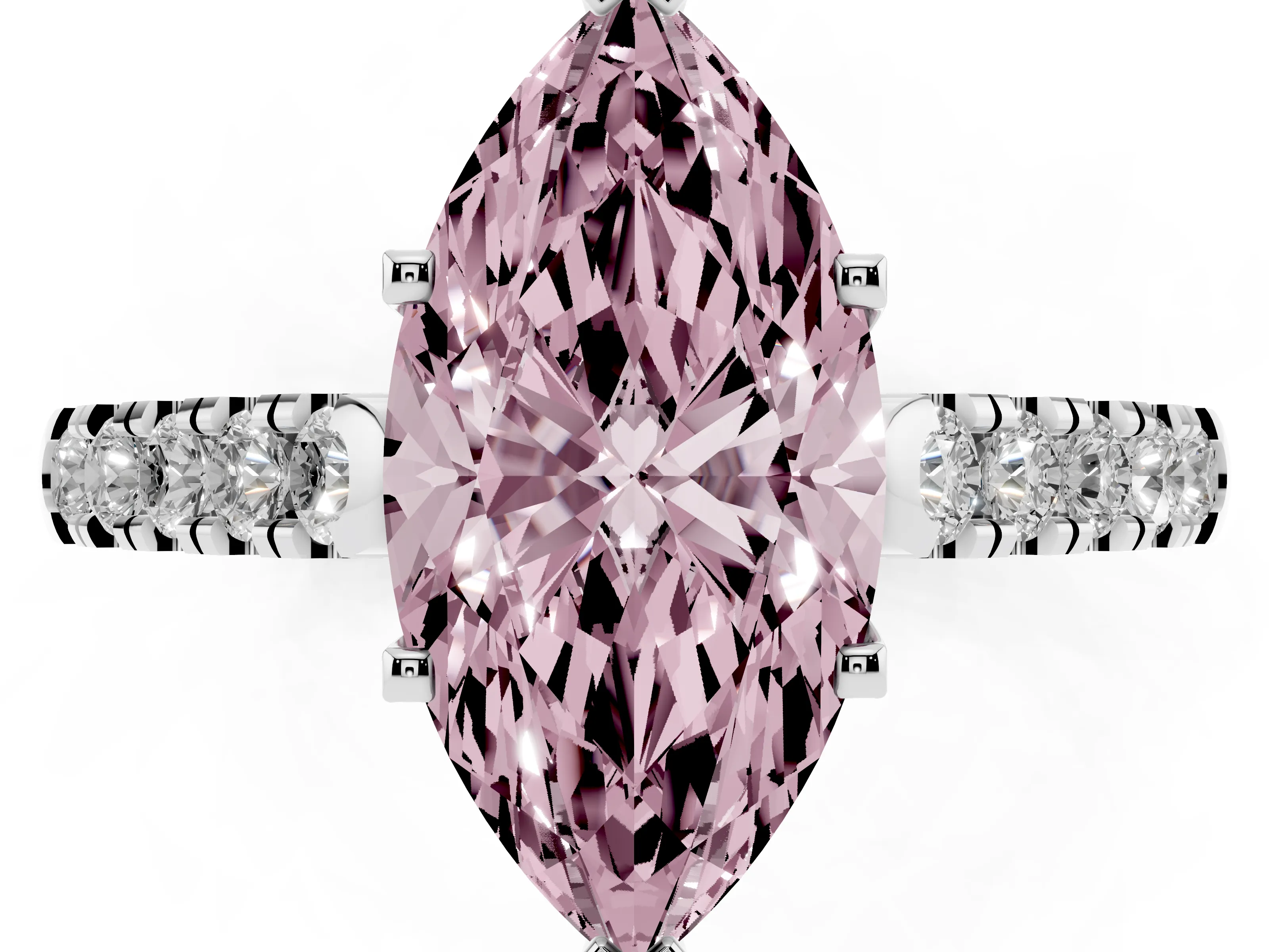 Fancy Pink Marquise Cut Diamond Pavé Band Solitaire Ring Set in White gold with Partway Accent Stones and Prong Setting