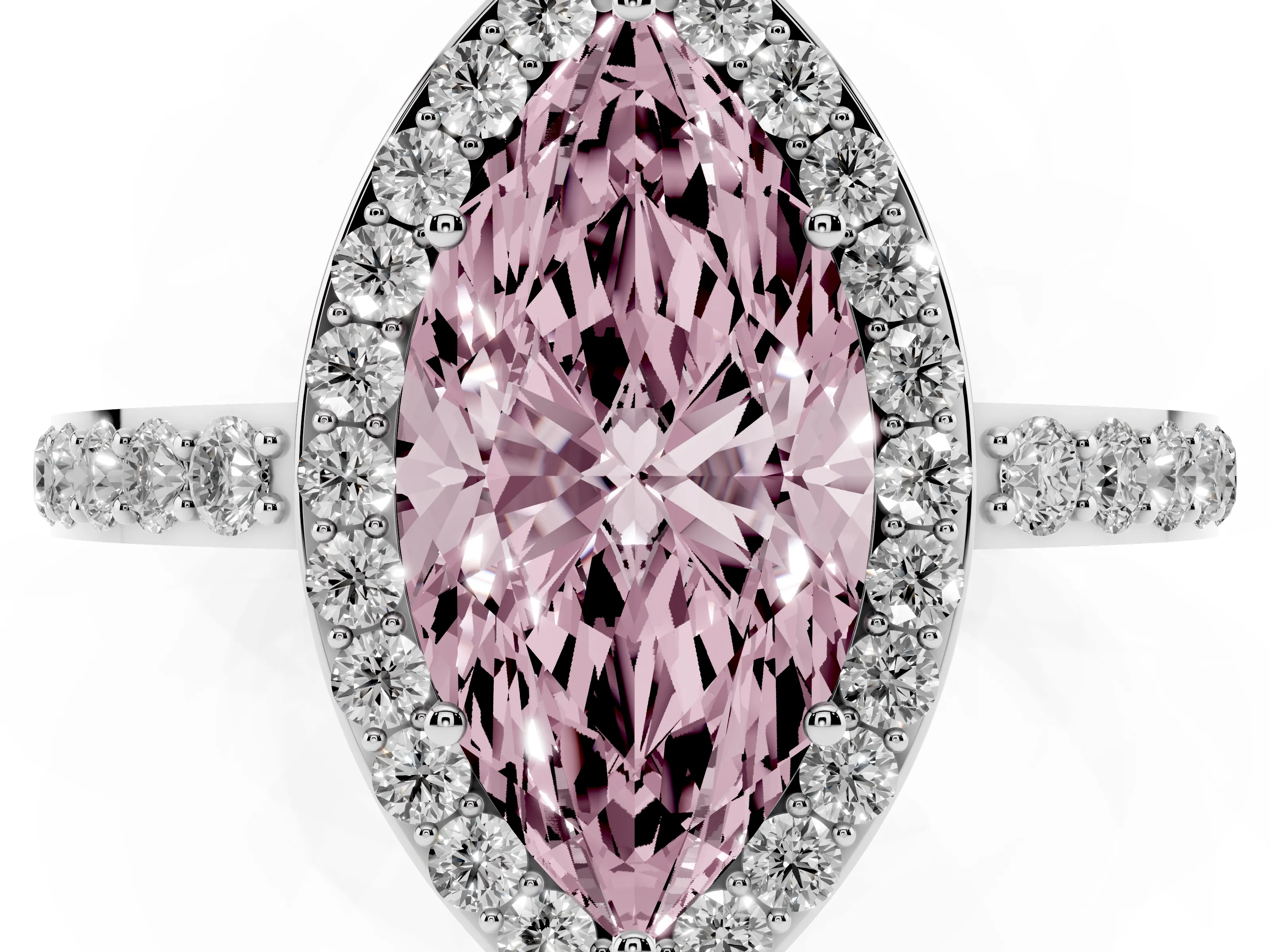 Fancy Pink Marquise Cut Diamond Halo Ring Set in White gold with Pavé-Setting Band and Open Prong Center