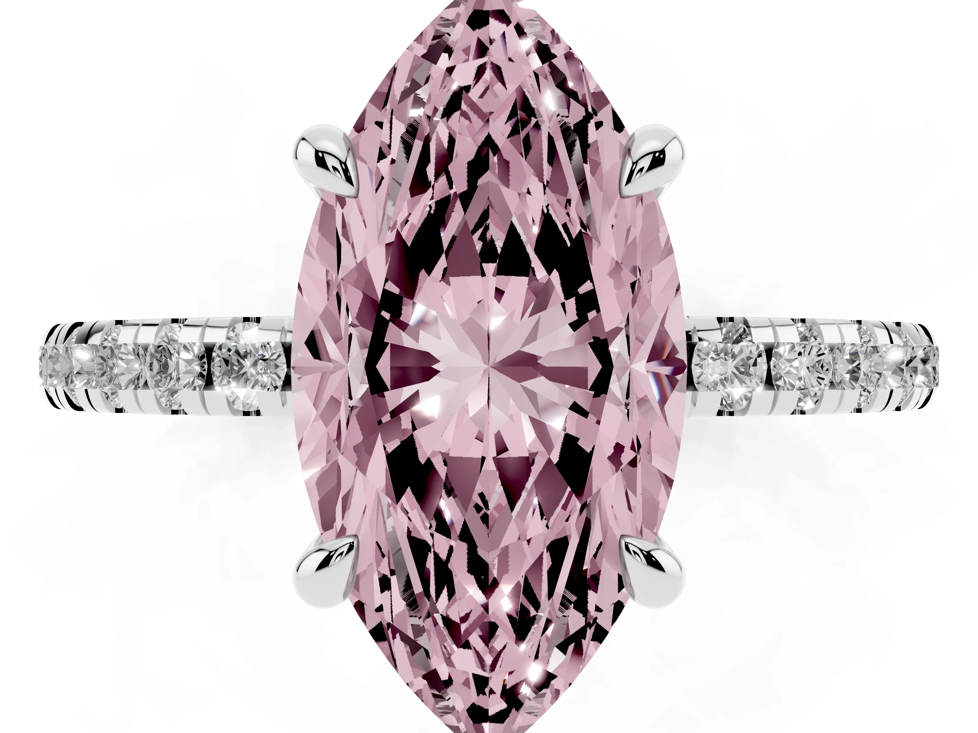 Fancy Pink Marquise Cut Diamond Brilliant Solitaire Ring Set in Silver with Pavé Band and Prong Setting